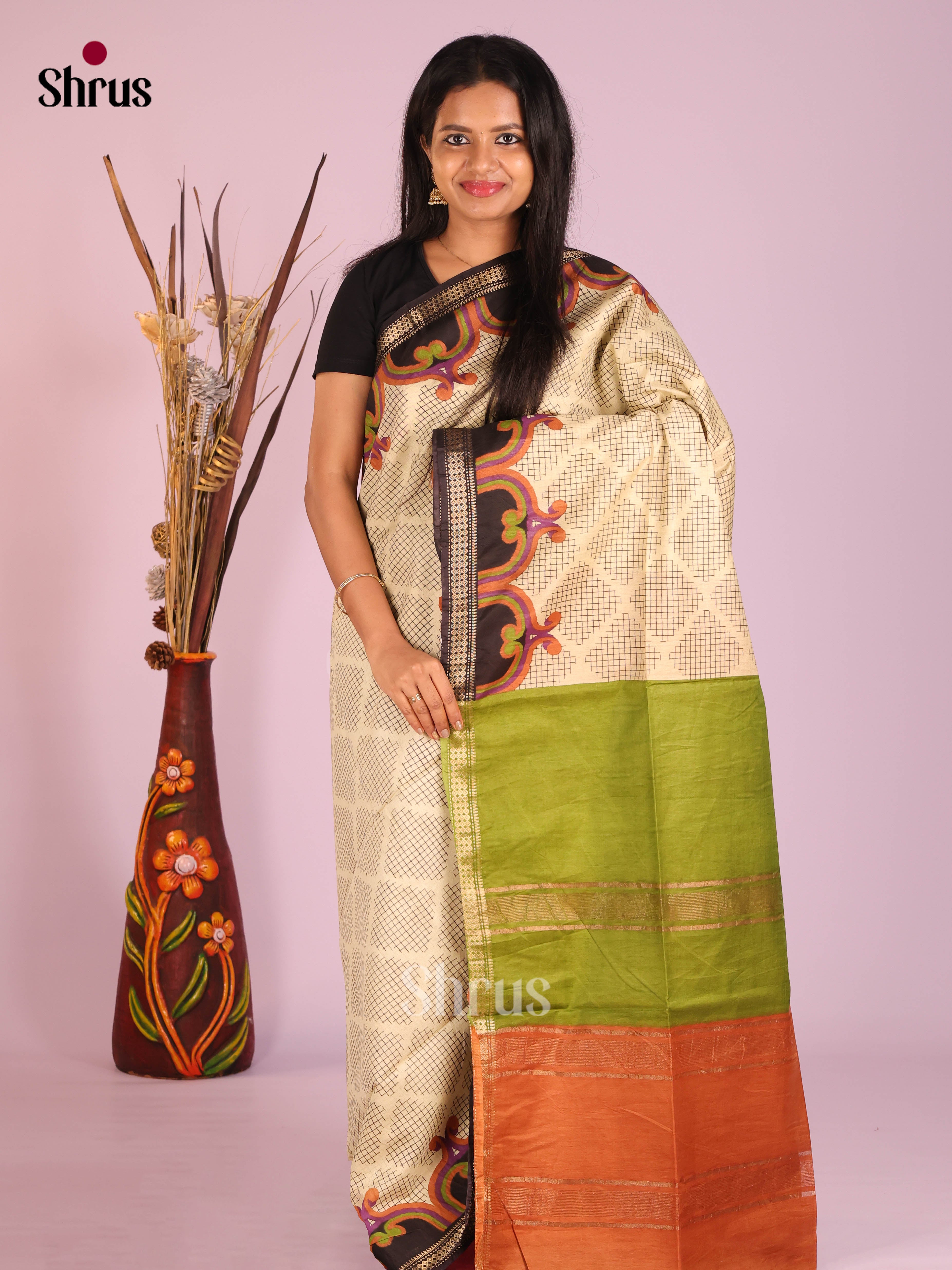 Cream & Brick - Semi Tussar Saree