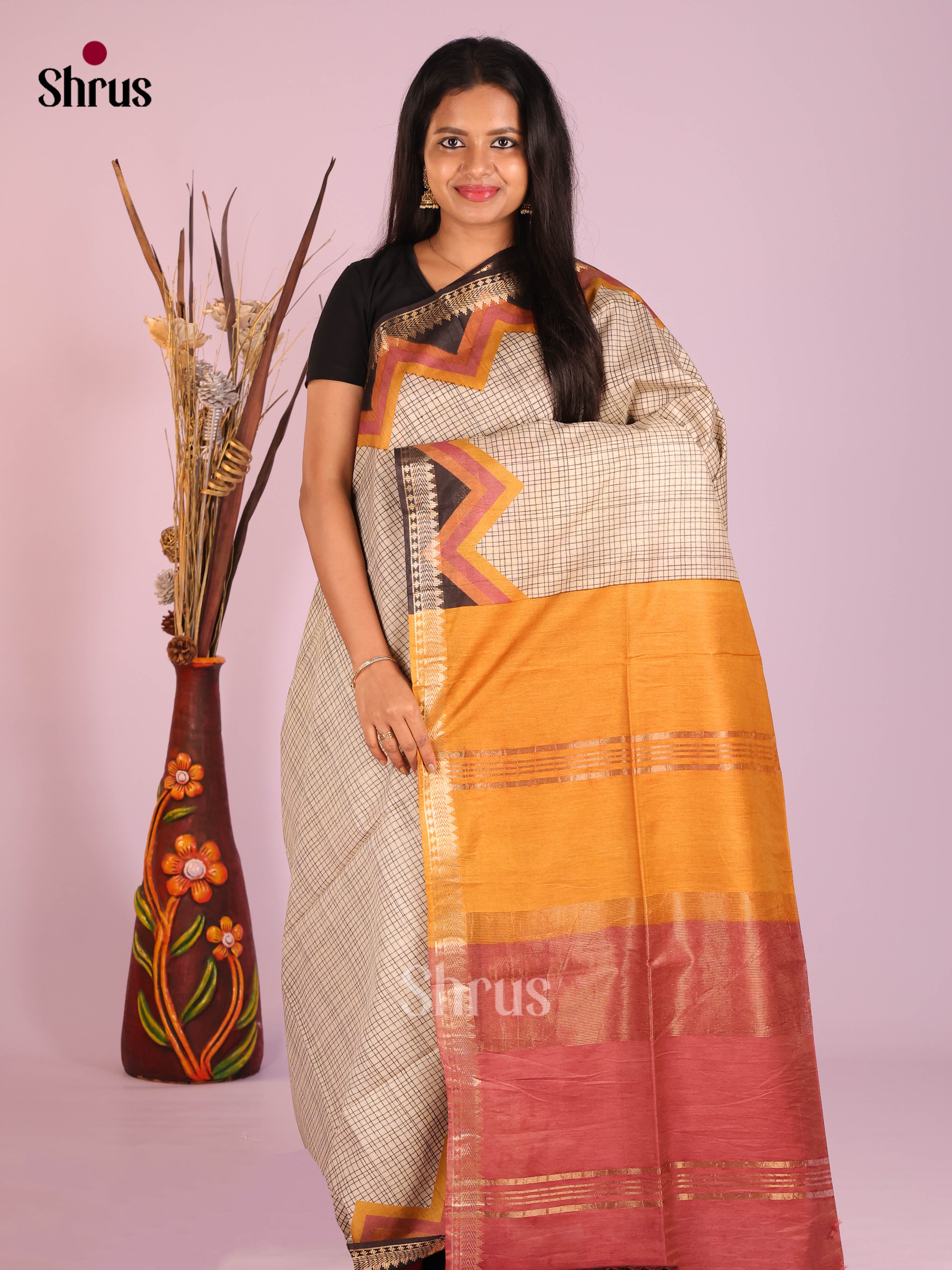 Cream & Brown - Semi Tussar Saree