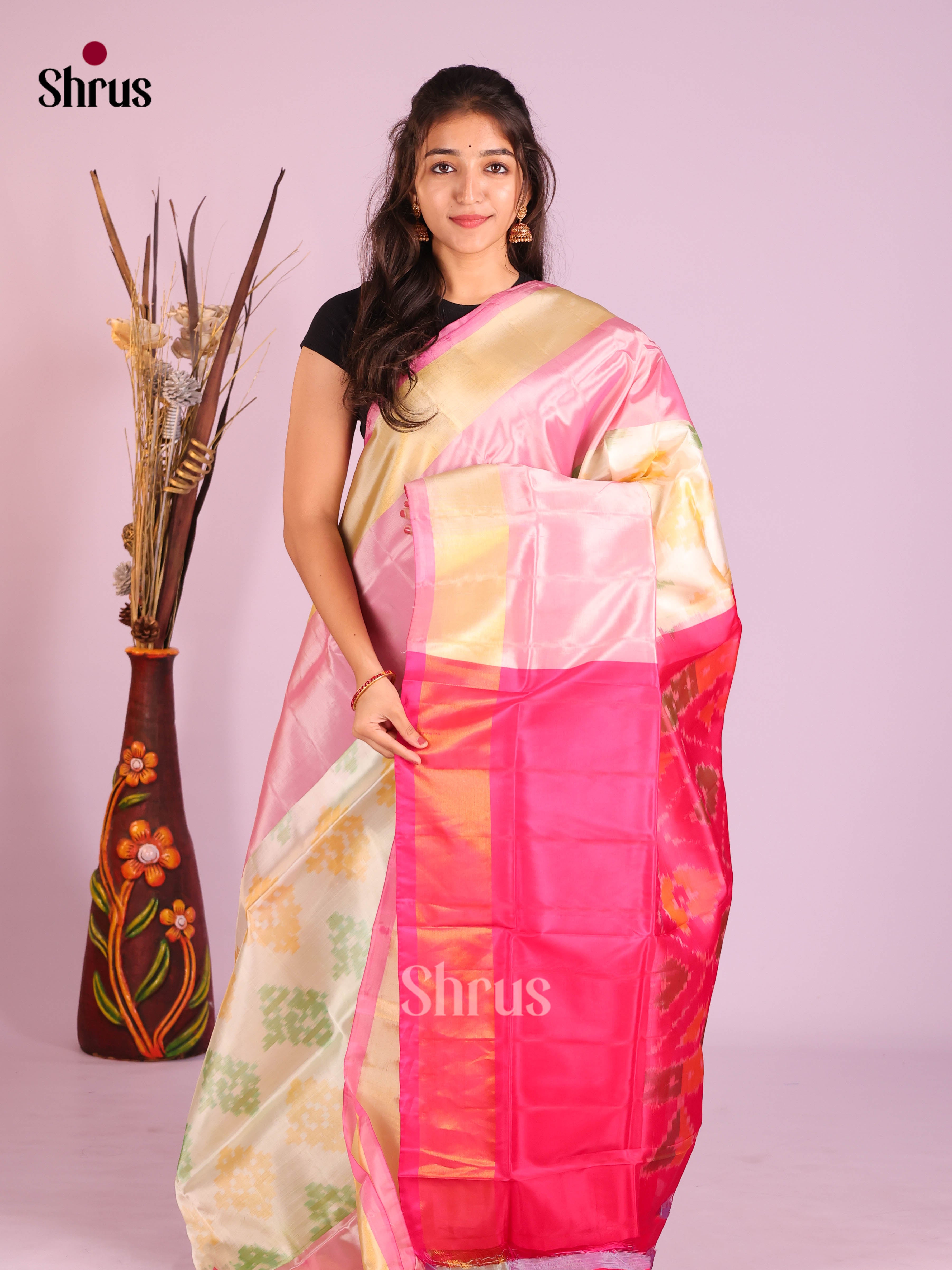 Cream  & Pink - Semi uppada Saree
