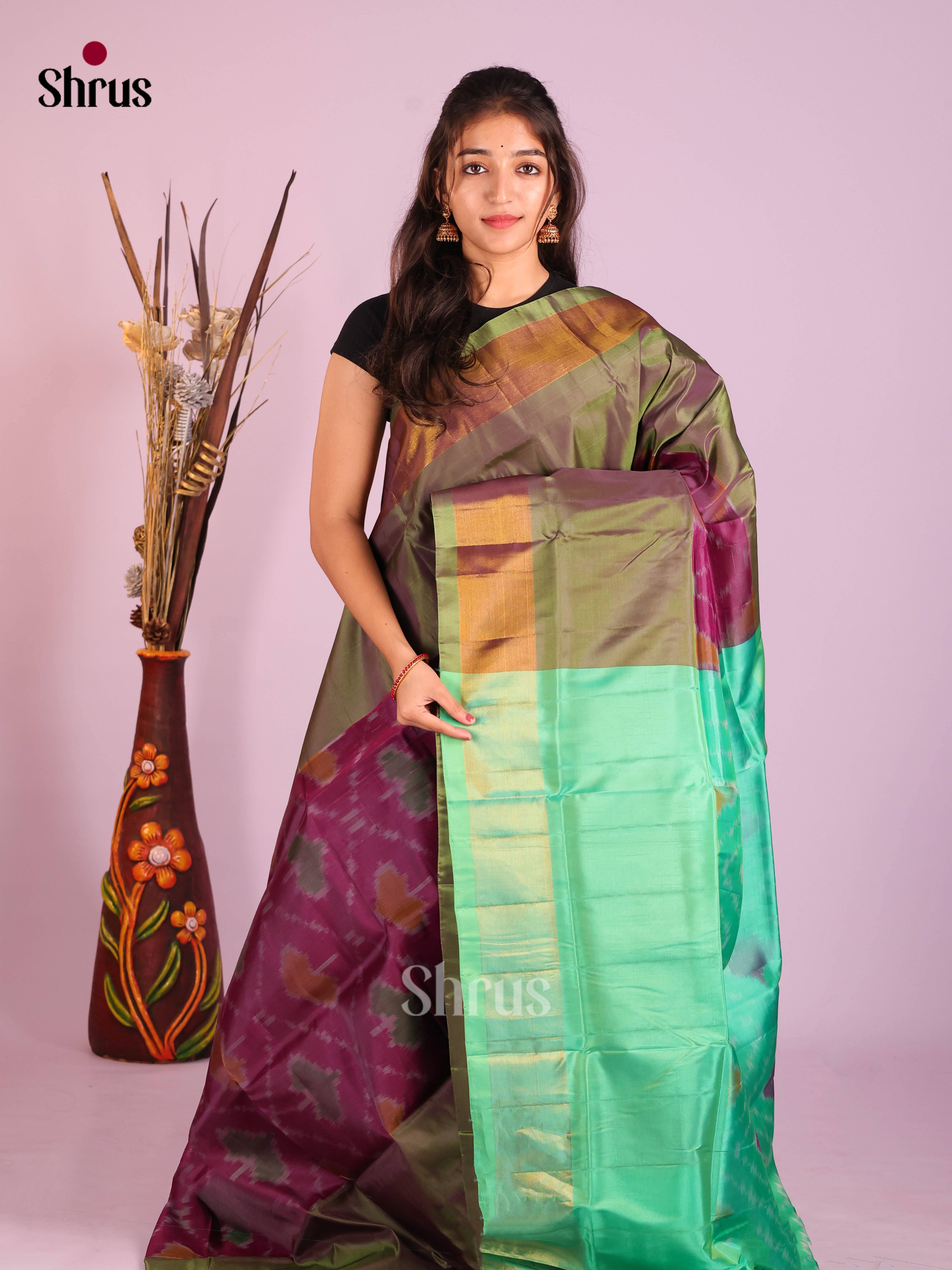 Wine & Teal Green - Semi uppada Saree
