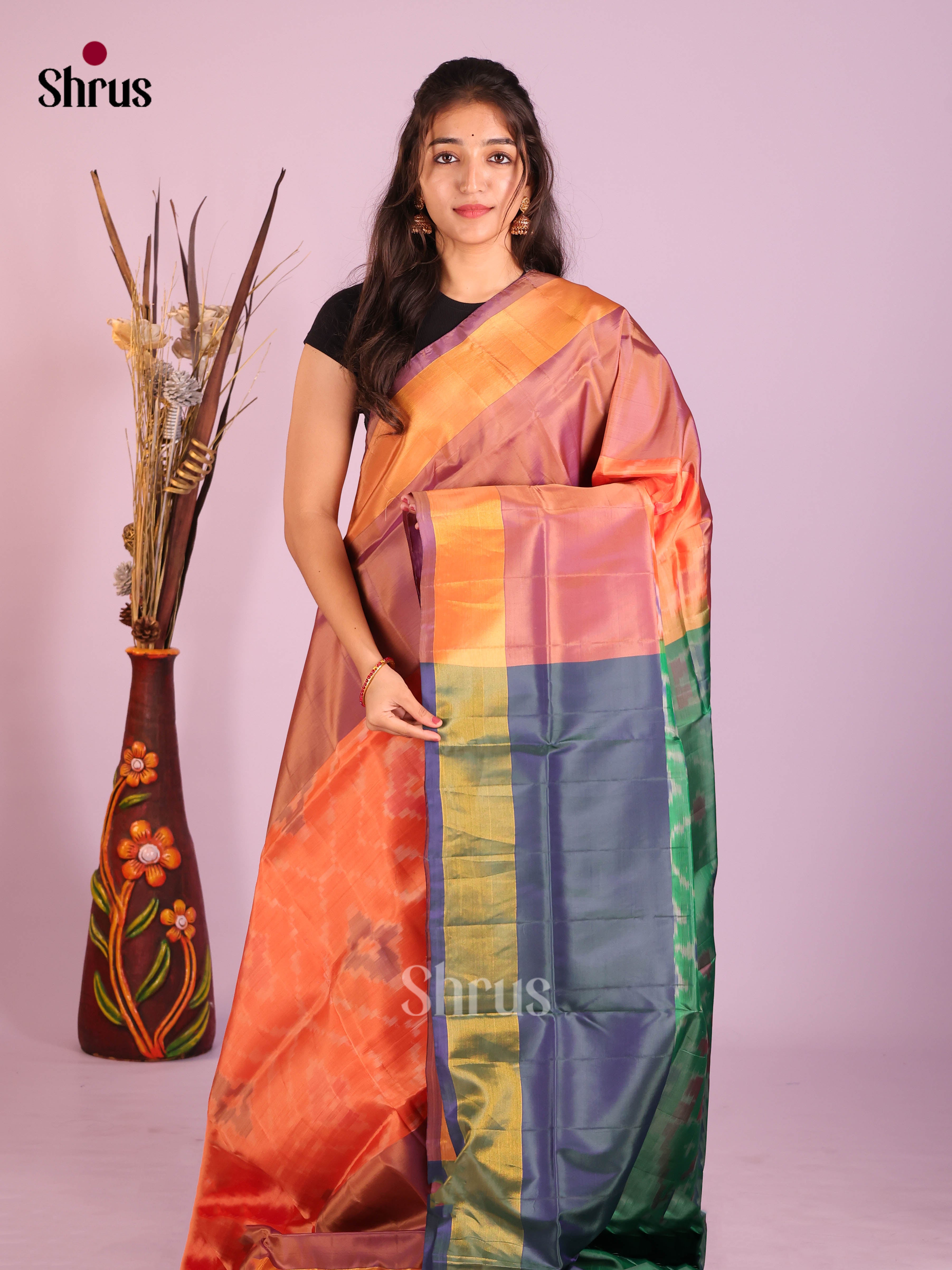 Orange & Green - Semi uppada Saree - Shop on Shrus.com