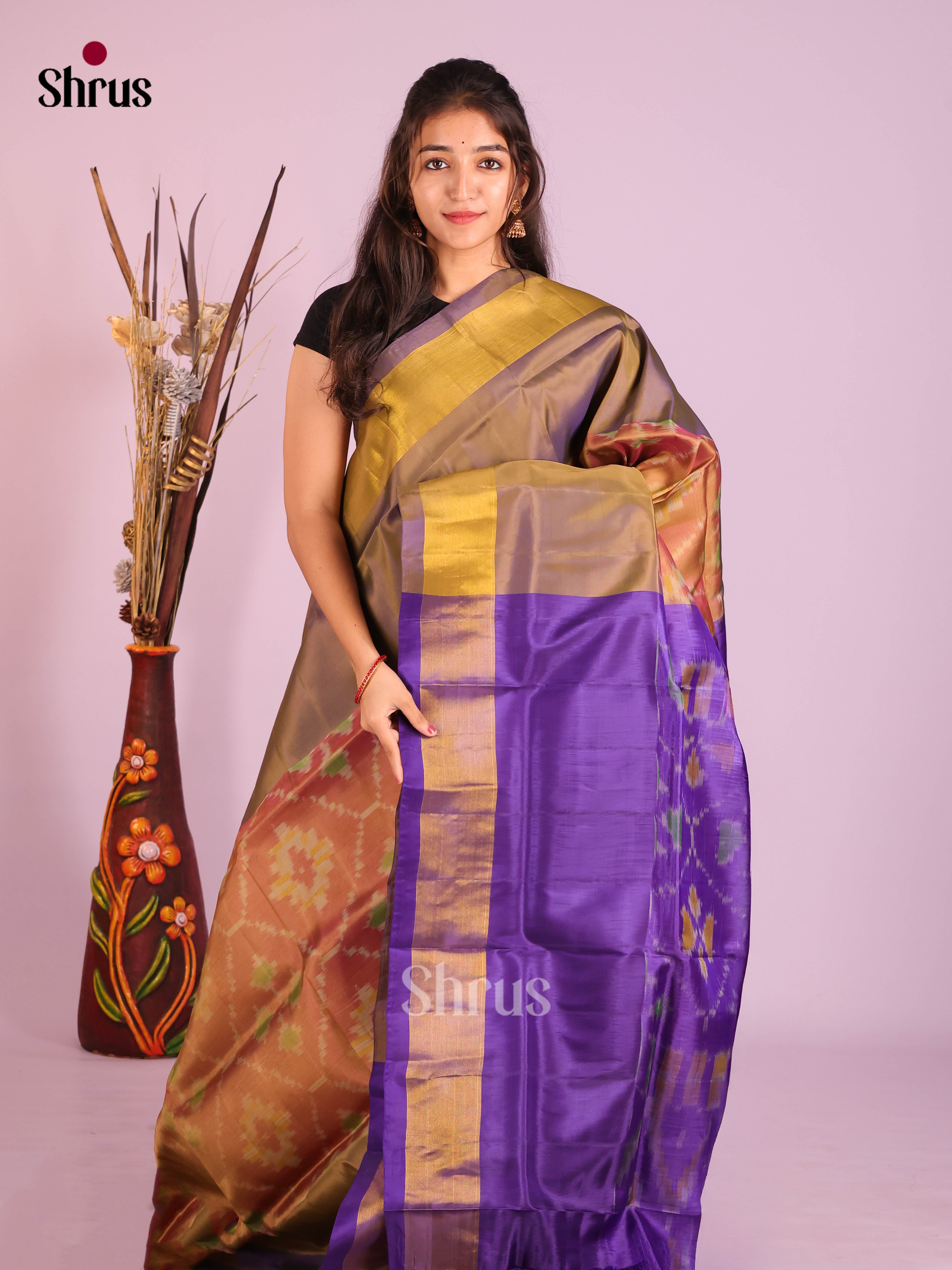 Brown & Blue - Semi uppada Saree