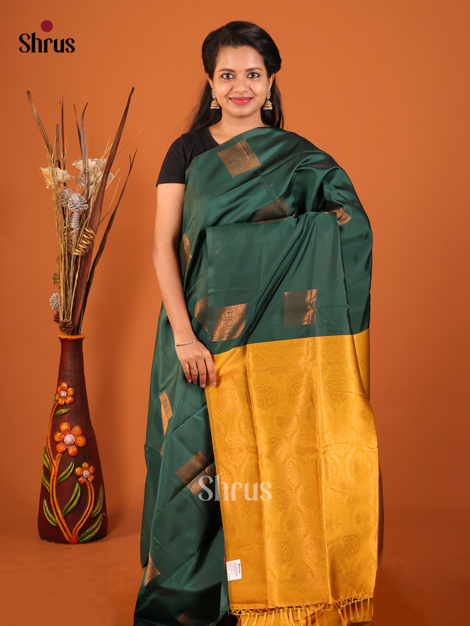 Green & Mustard- Semi Softsilk Saree - Shop on Shrus.com