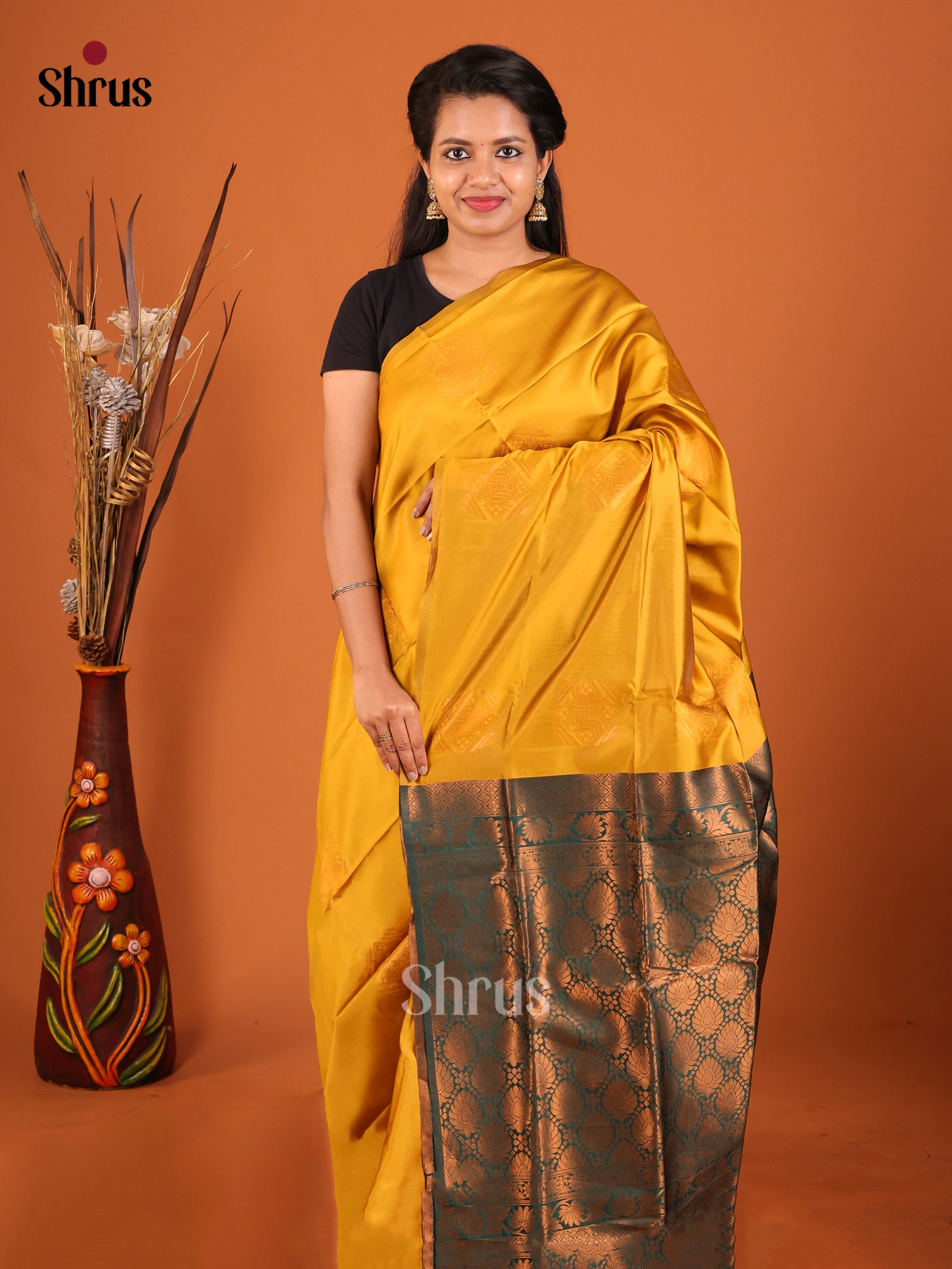 Mustardy Green & Green - Semi Softsilk Saree - Shop on Shrus.com