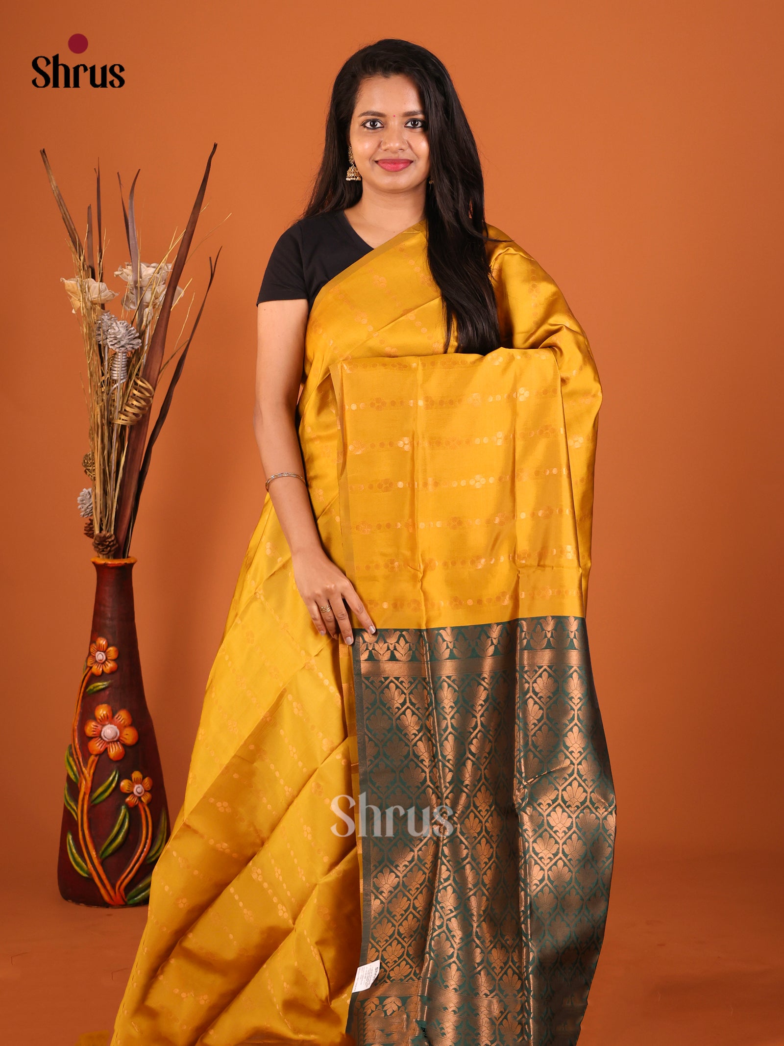 Mustardy Green & Green - Semi Softsilk Saree - Shop on Shrus.com