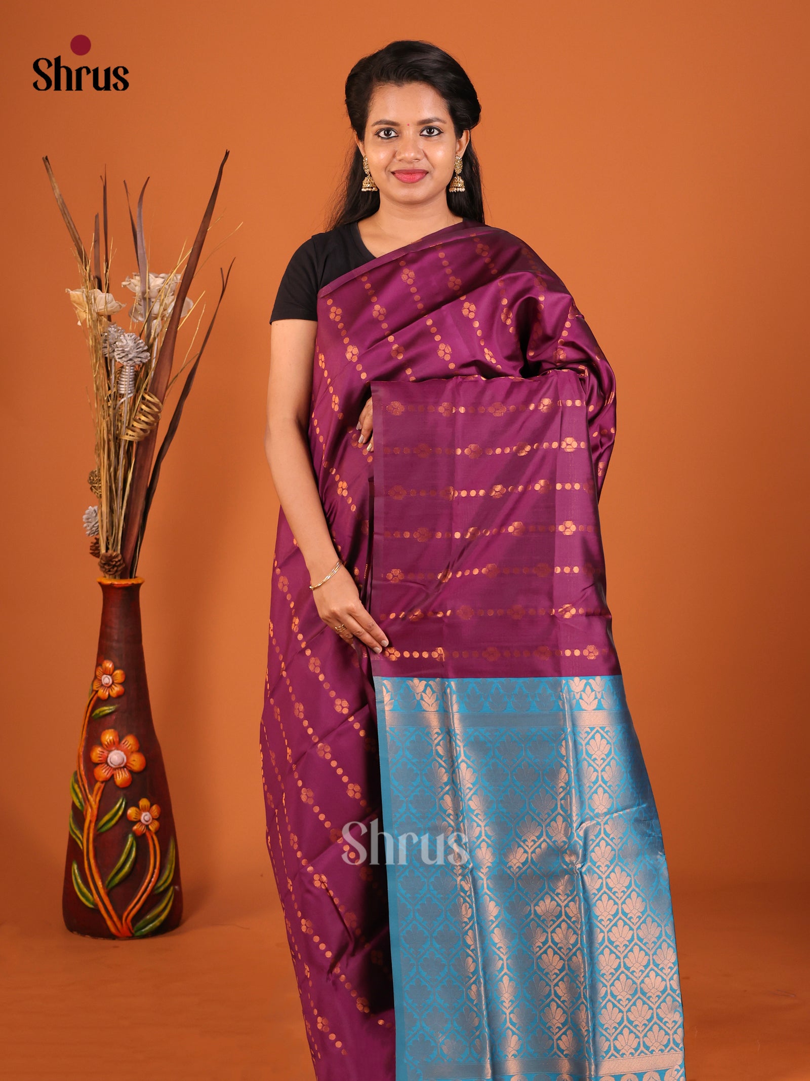 Wine & Blue- Semi Softsilk Saree