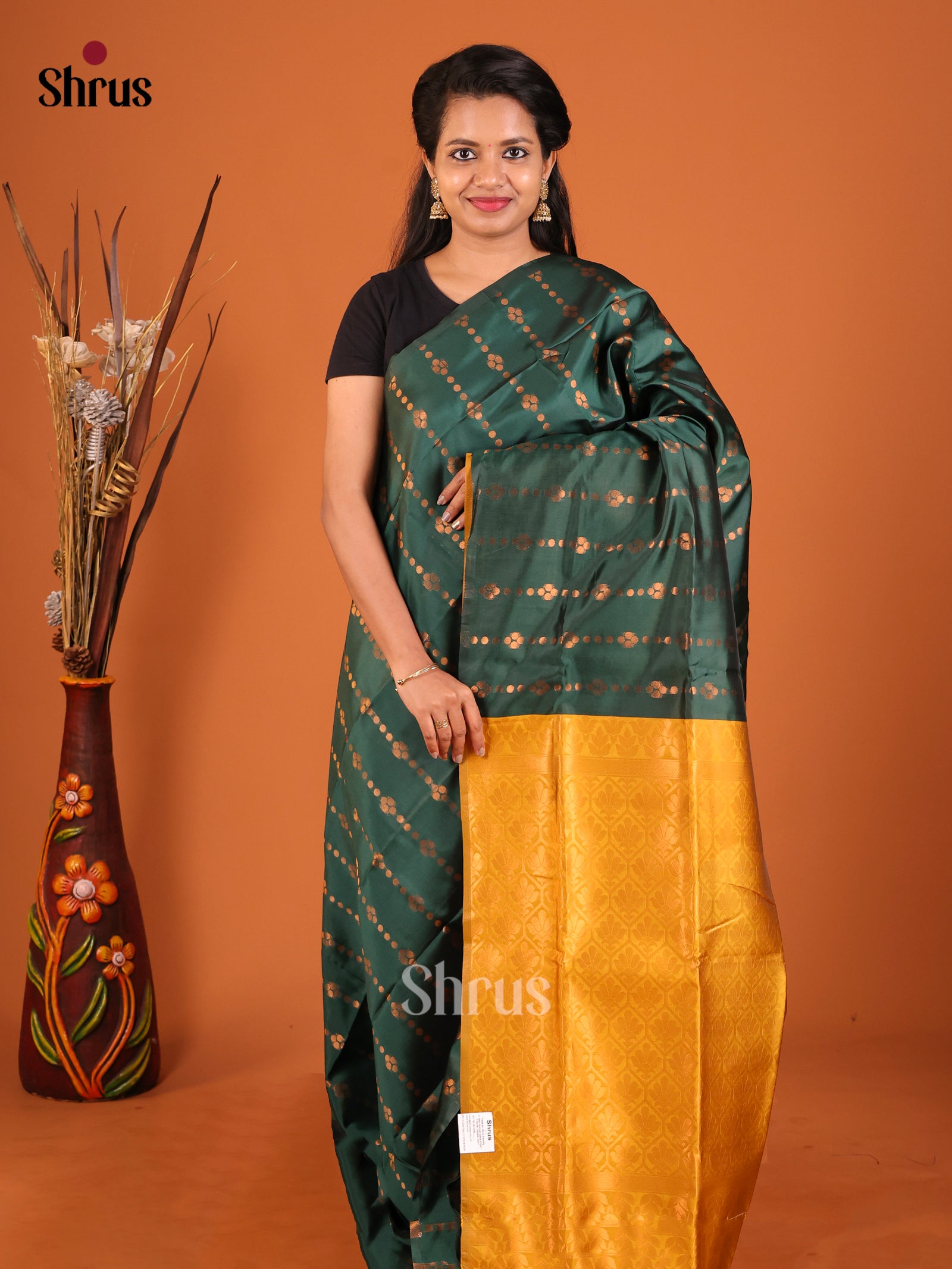 Green & Mustard - Semi Softsilk Saree - Shop on Shrus.com