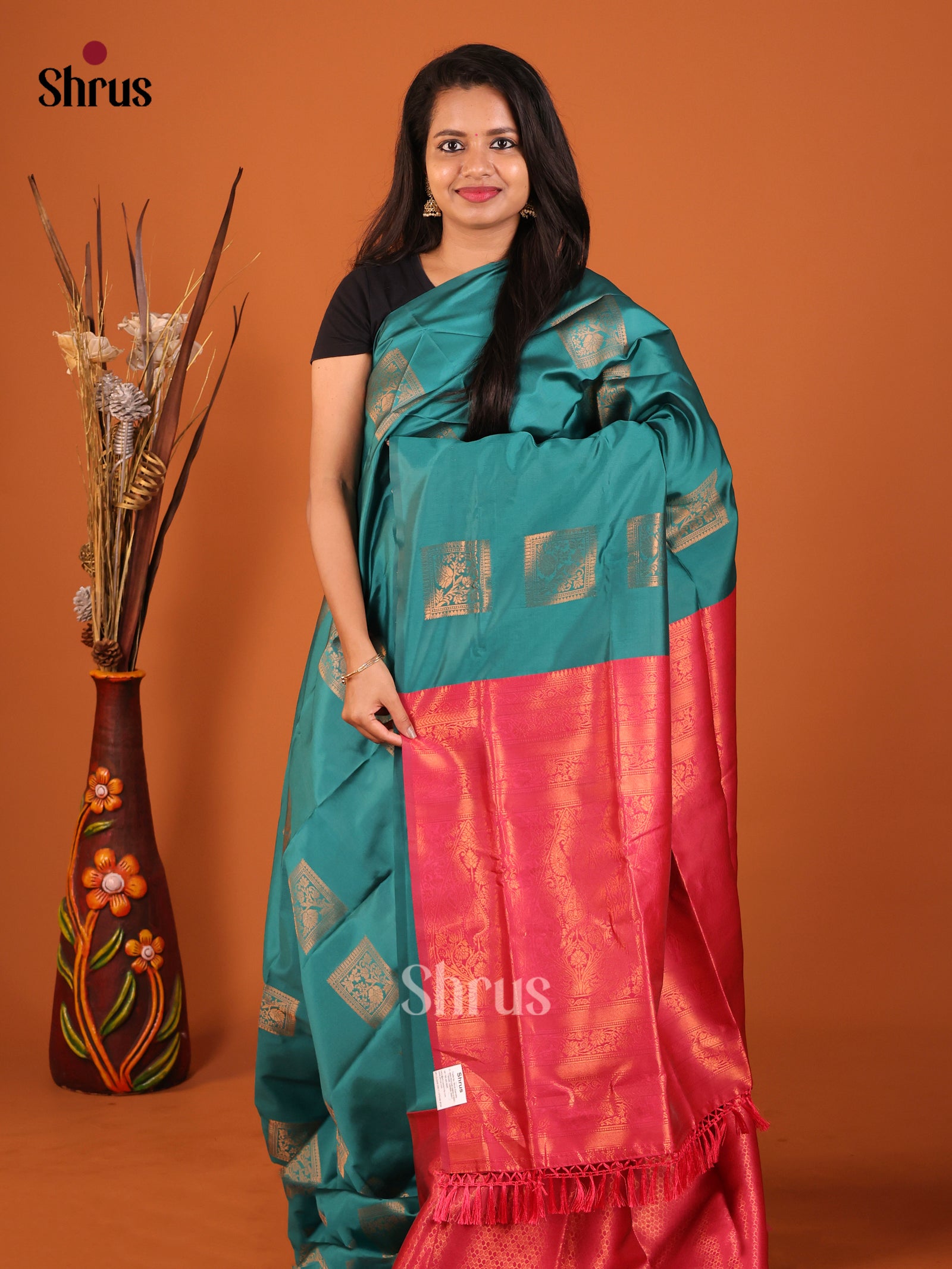 Green & Pink - Semi Softsilk Saree - Shop on Shrus.com