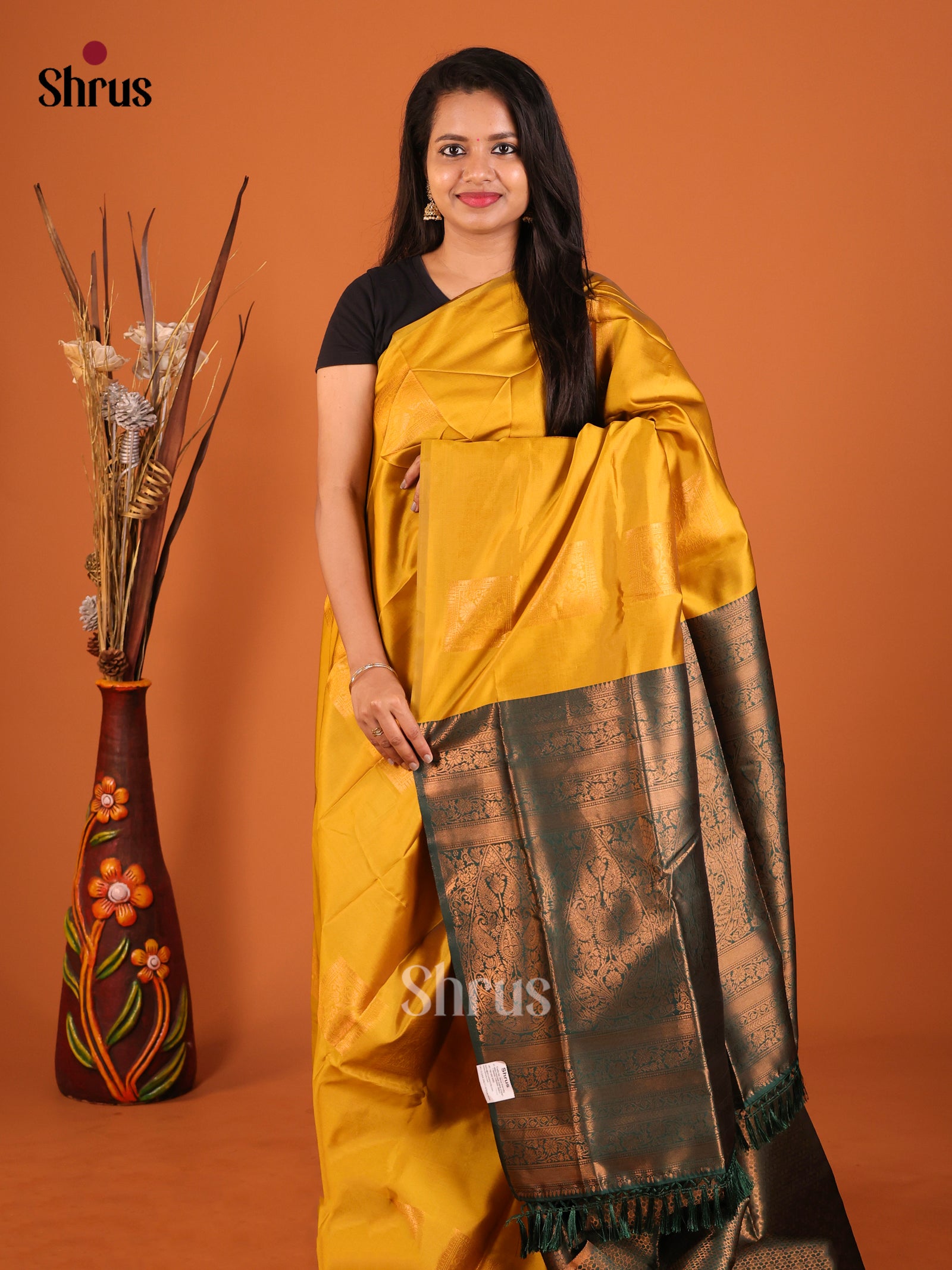 Mustard & Green - Semi Softsilk Saree - Shop on Shrus.com