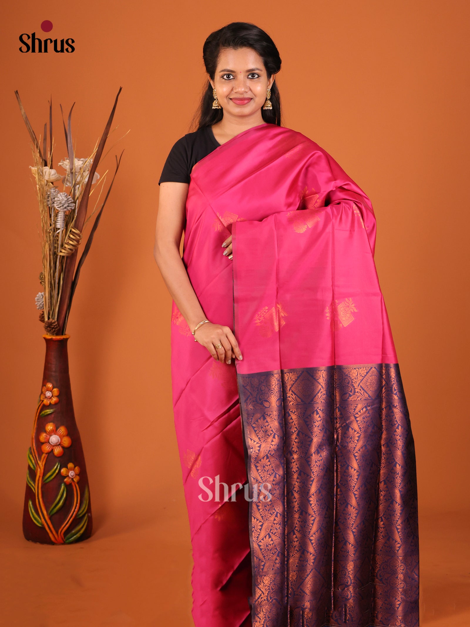 Pink & Blue - Semi Softsilk Saree - Shop on Shrus.com