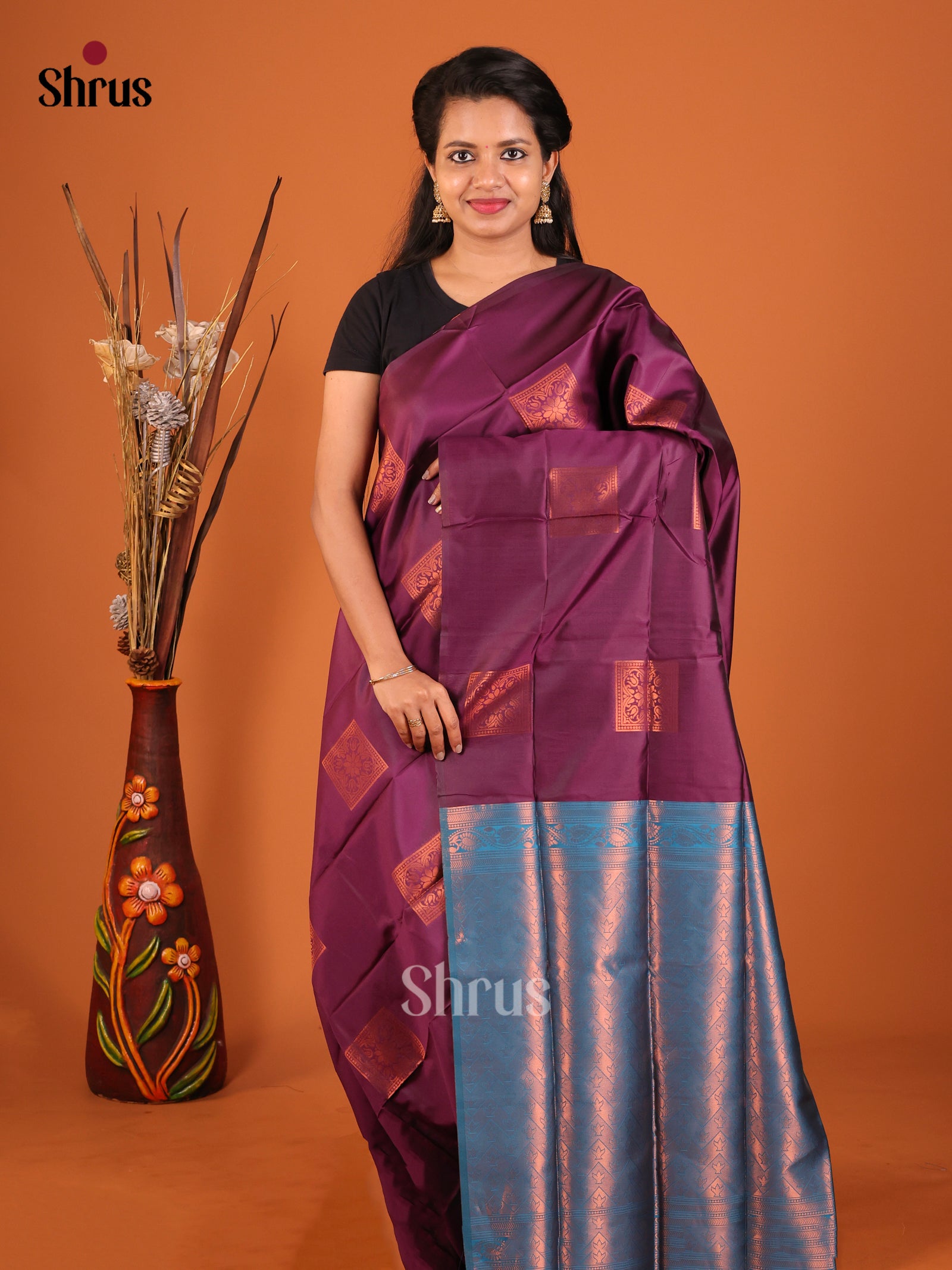 Purple & Blue - Semi Softsilk Saree - Shop on Shrus.com