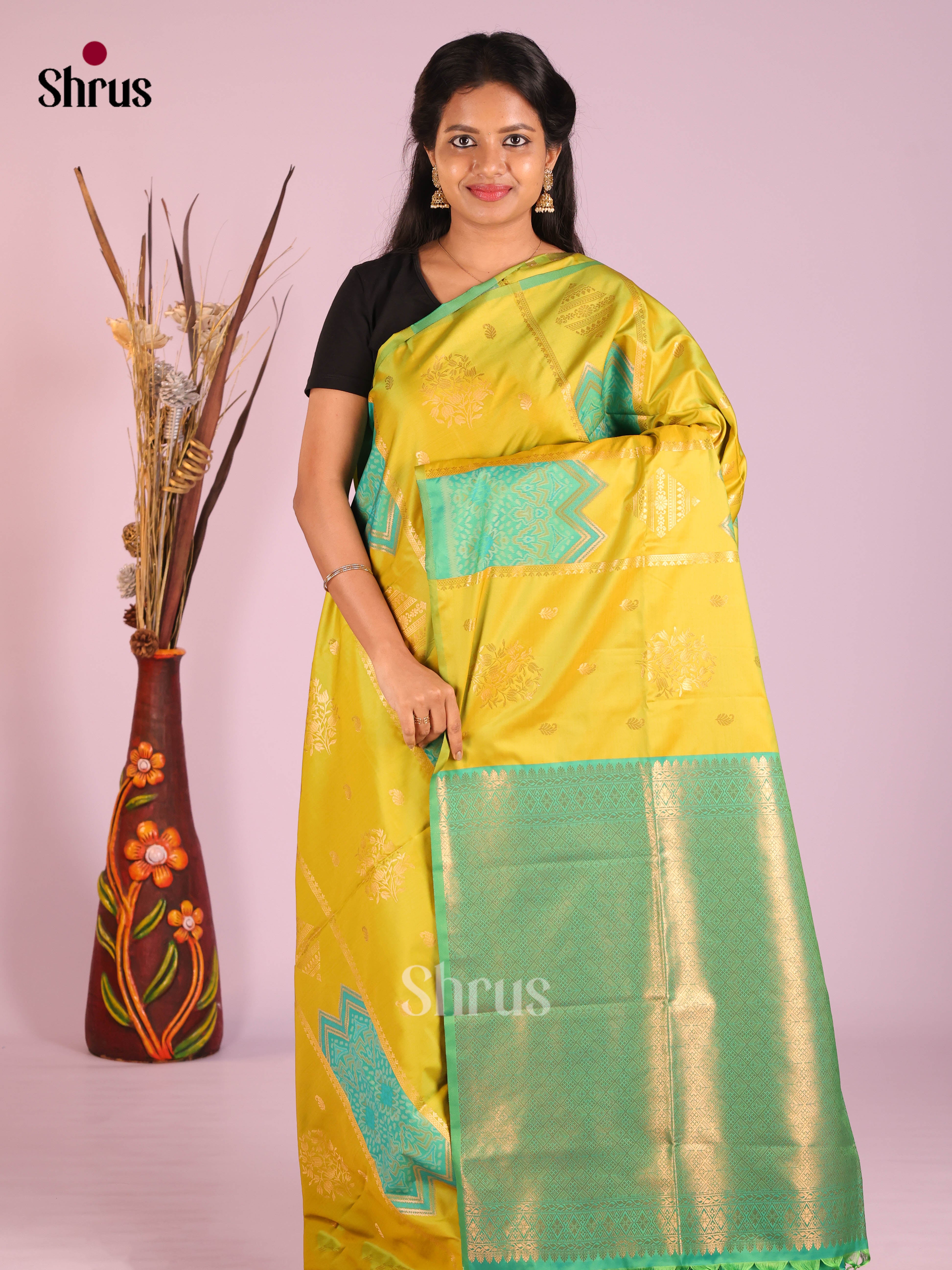 Mustardy Green & Green - Semi Softsilk Saree