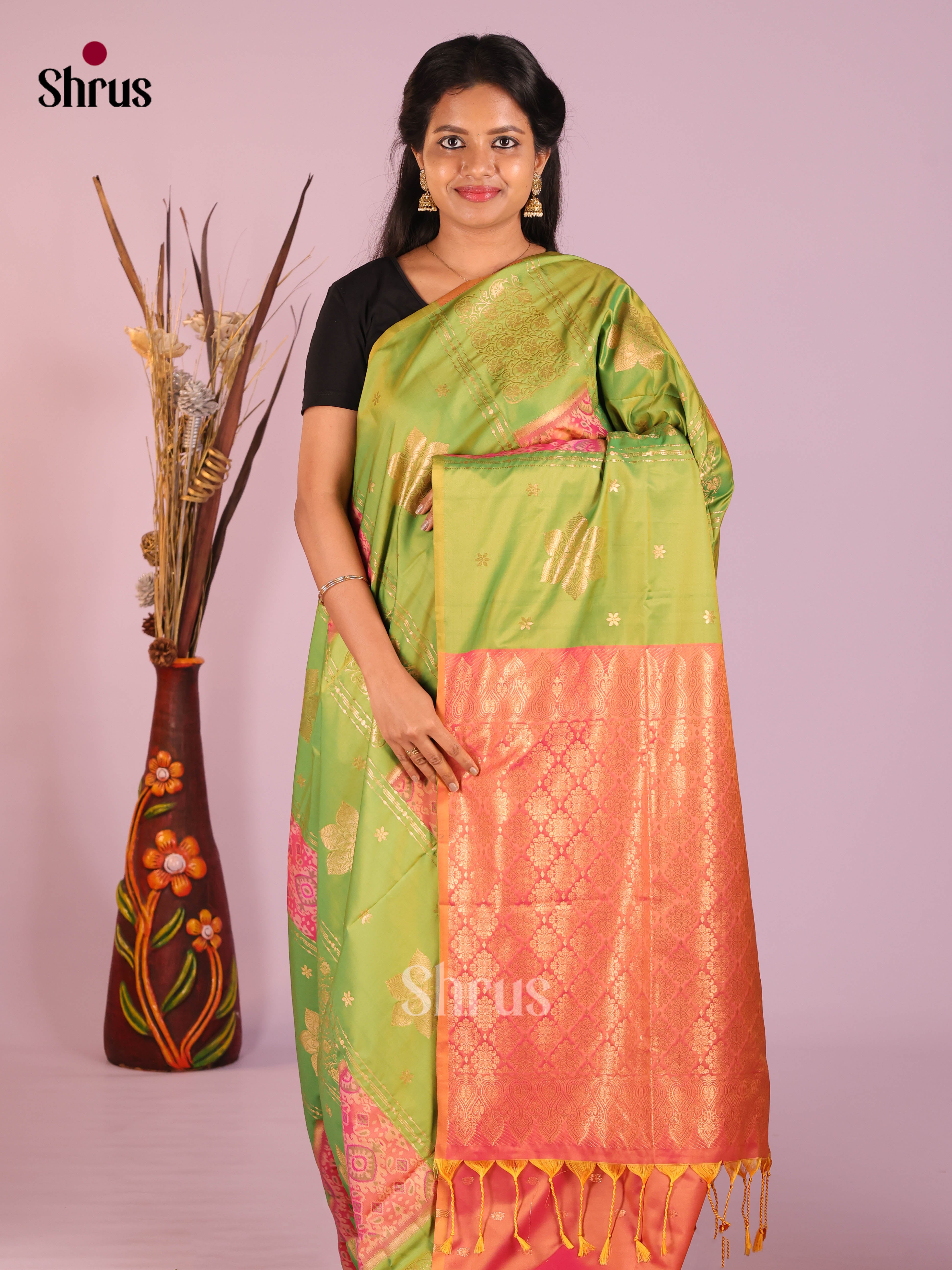 Green &  Orange - Semi Softsilk Saree