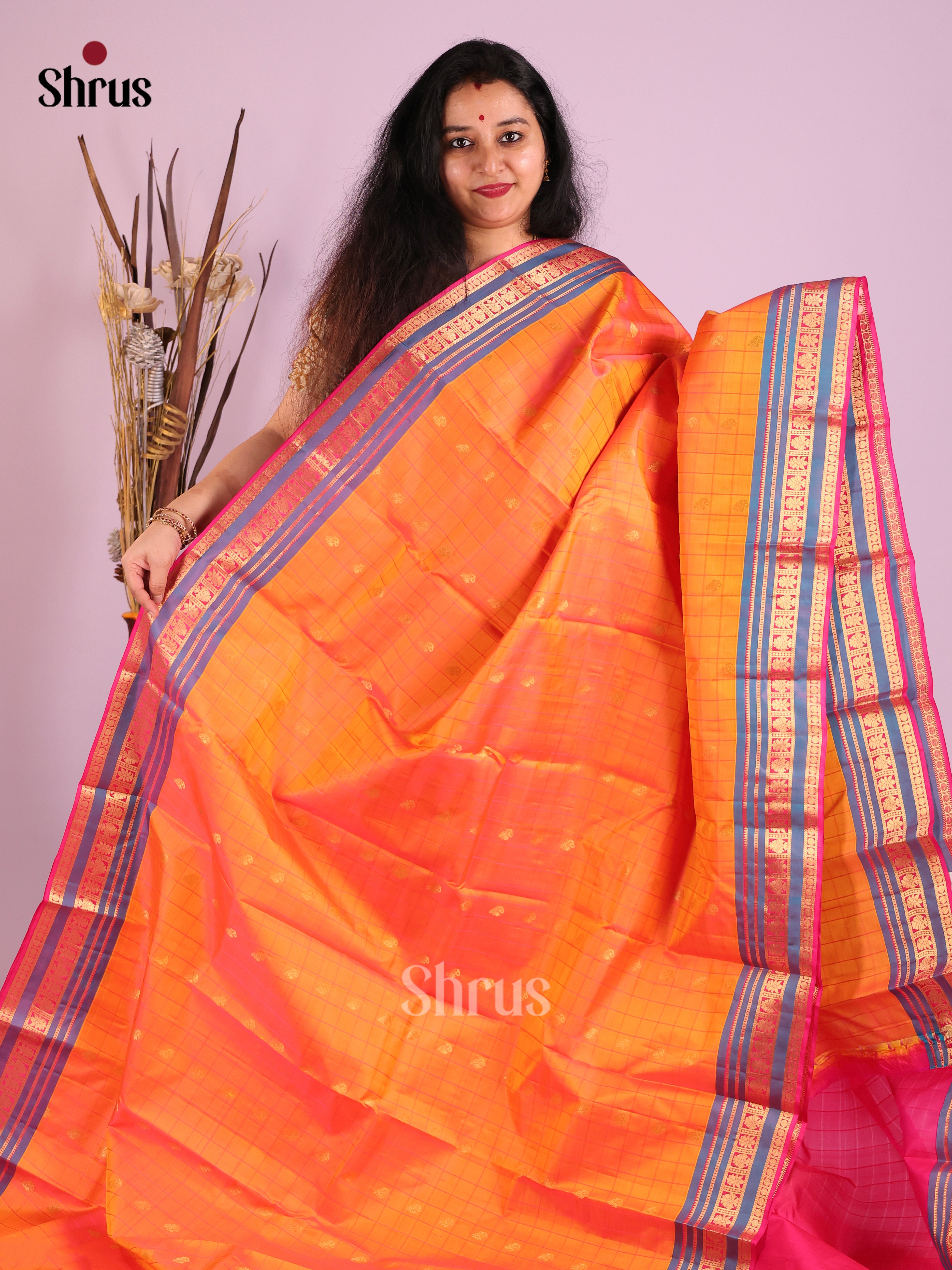 Vibrant Orange Kanjivaram Saree with self checks, zari buttas & Pink Pallu