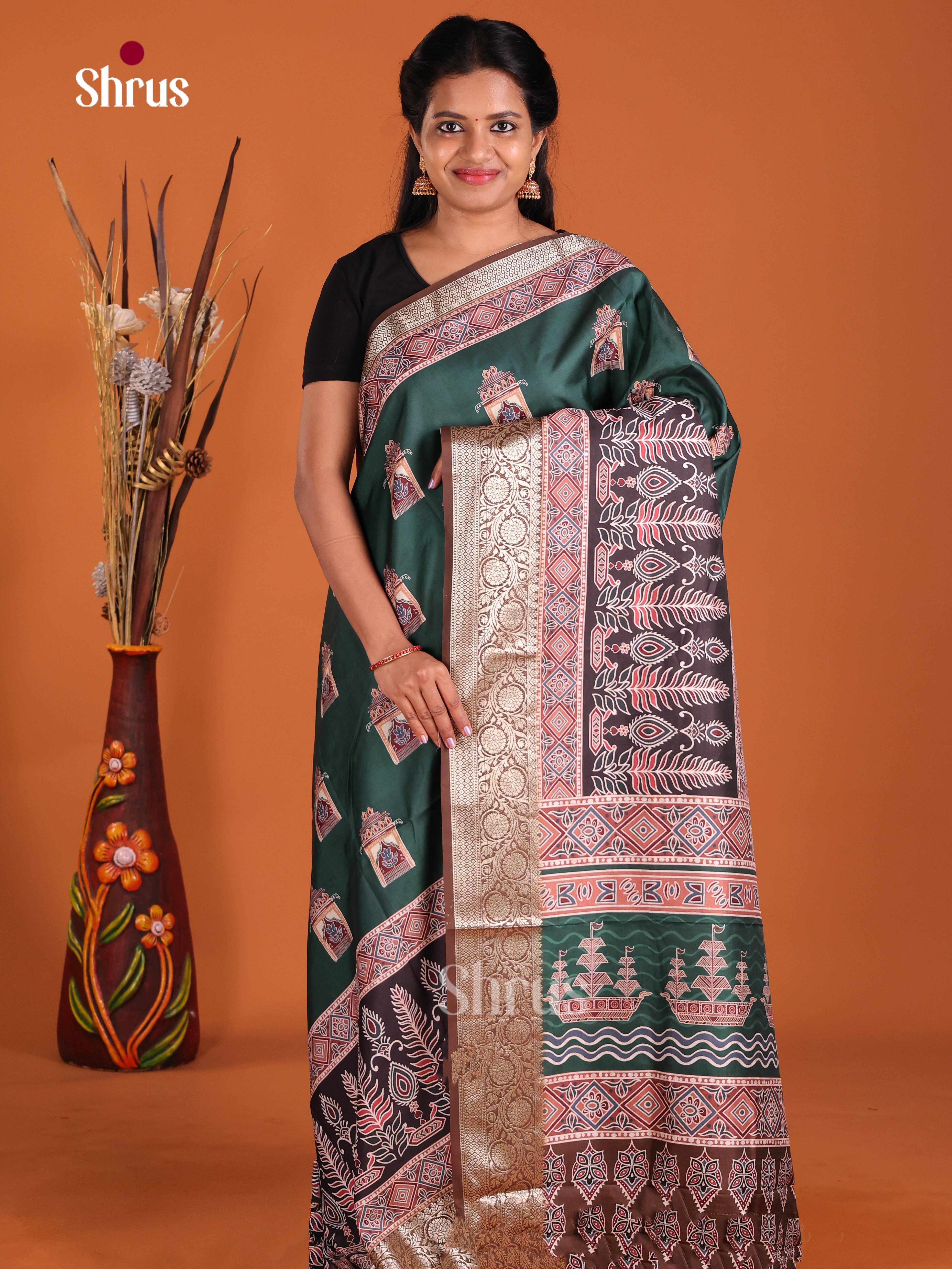 Green & Brown- Semi Modal  Saree