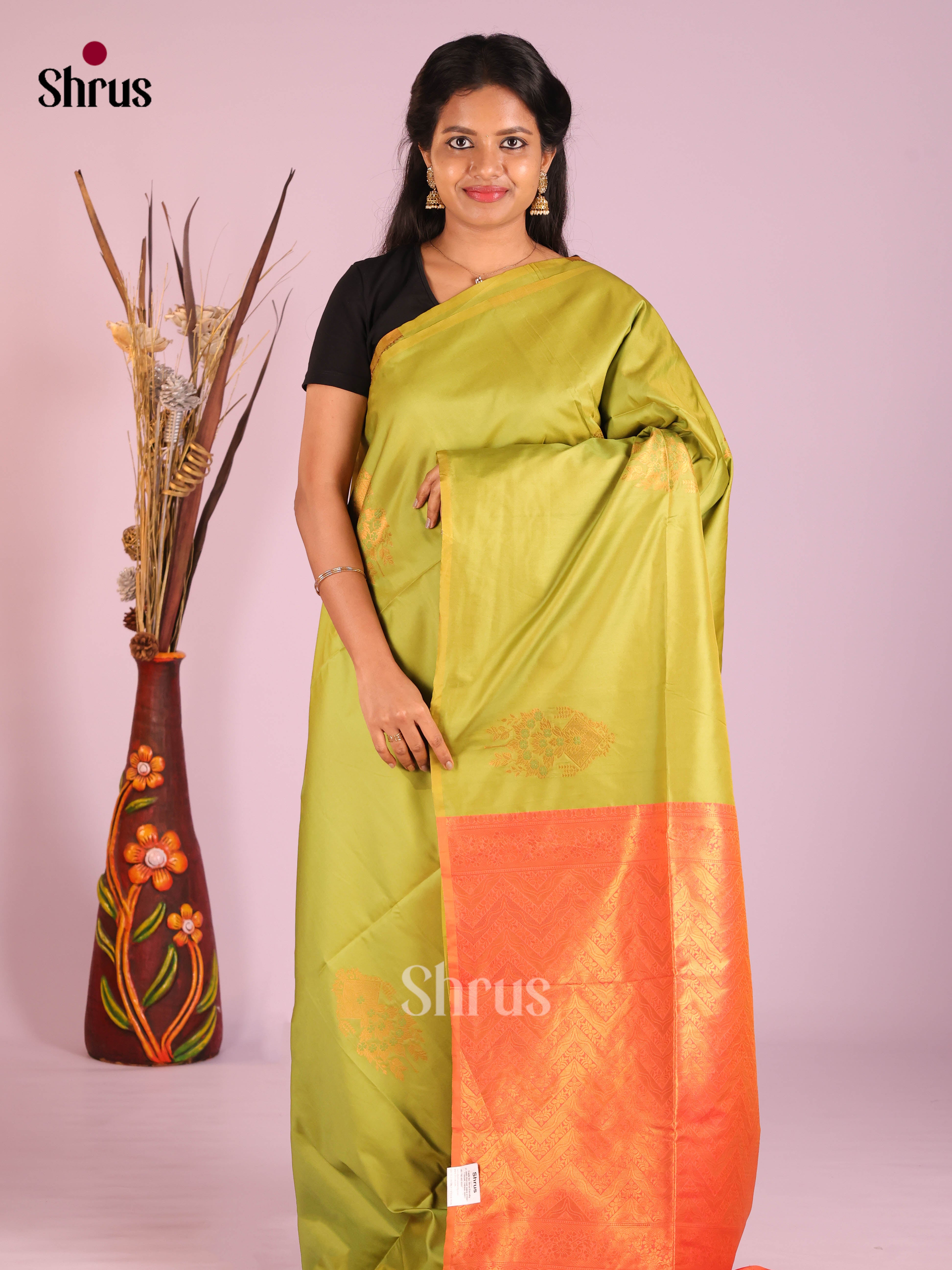 Green & Orange - Semi Softsilk Saree