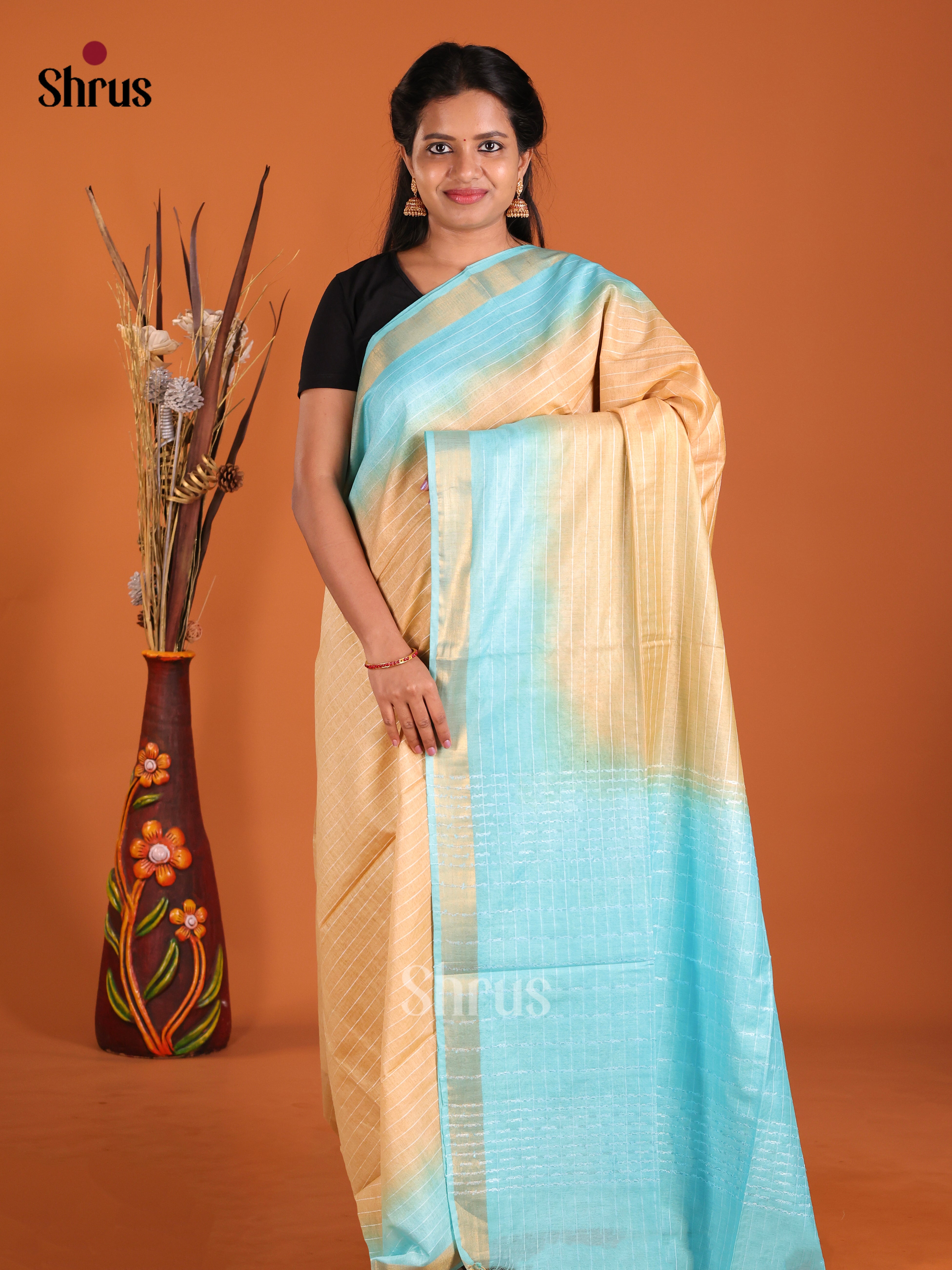 Sandal & Pastel Blue - Semi Tussar Saree