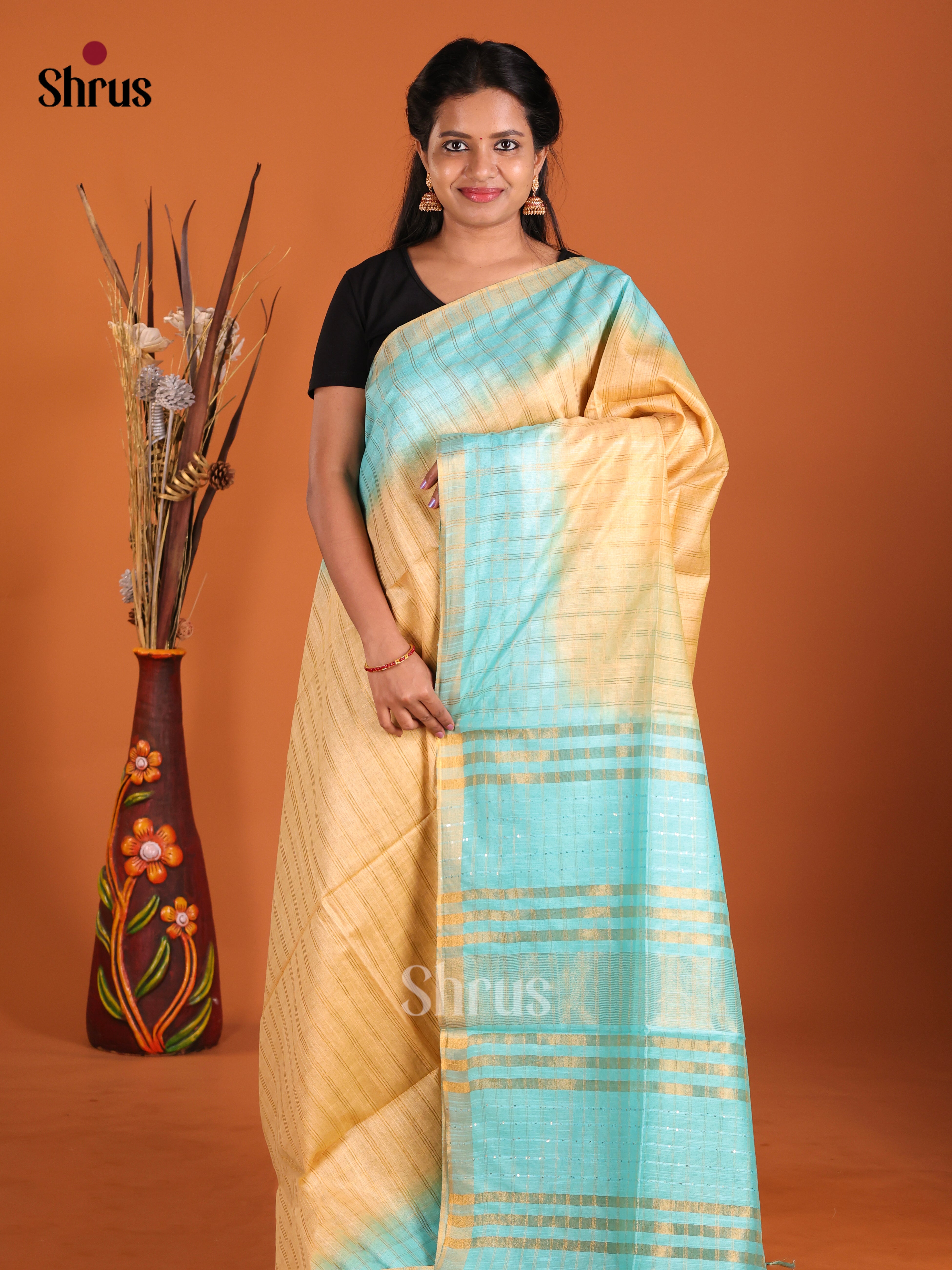 Sandal  & Pastel blue - Semi Tussar Saree