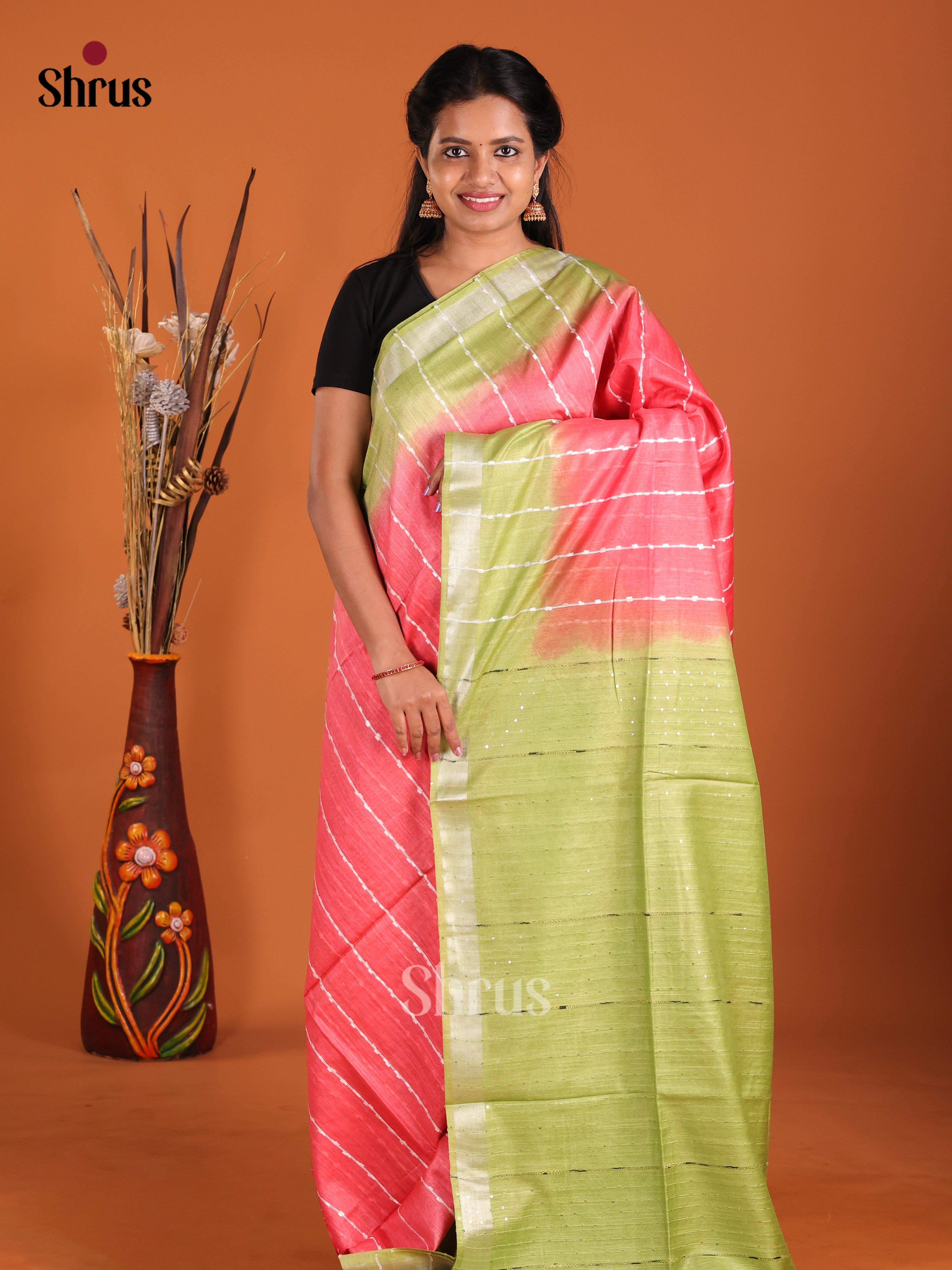 Pink & Green - Semi Tussar Saree