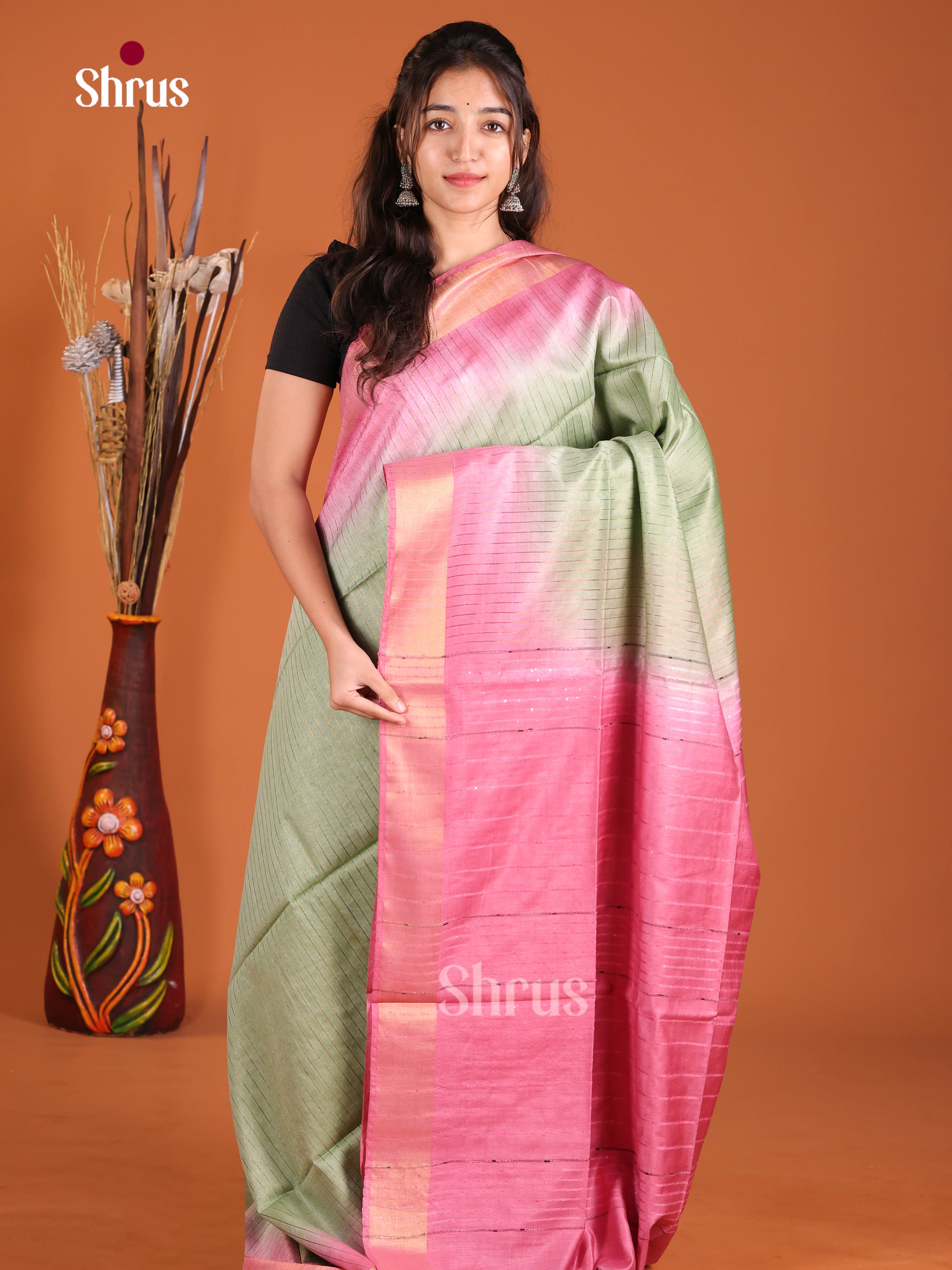 Green & Pink - Semi Tussar Saree