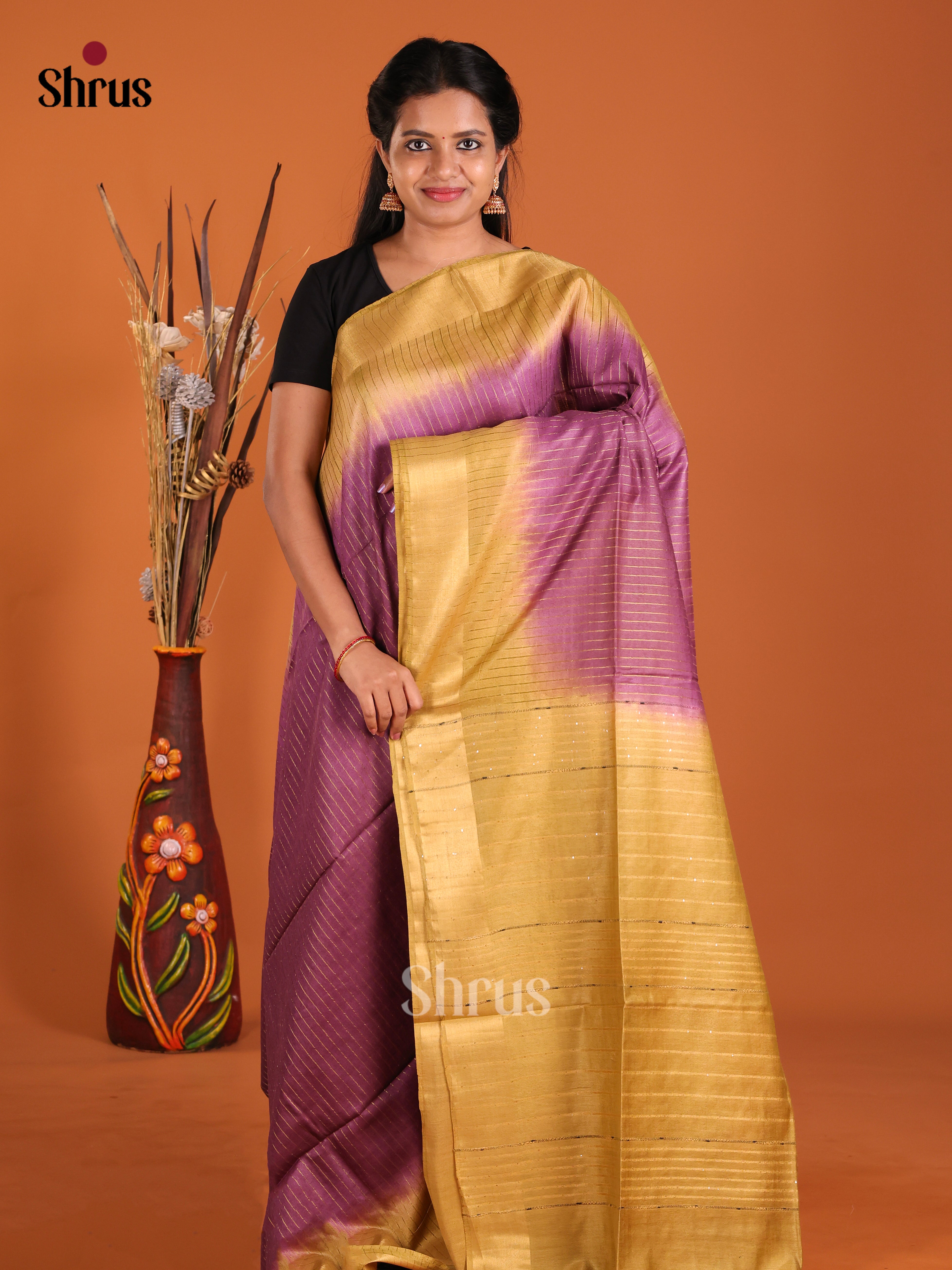 Purple & Beige - Semi Tussar Saree