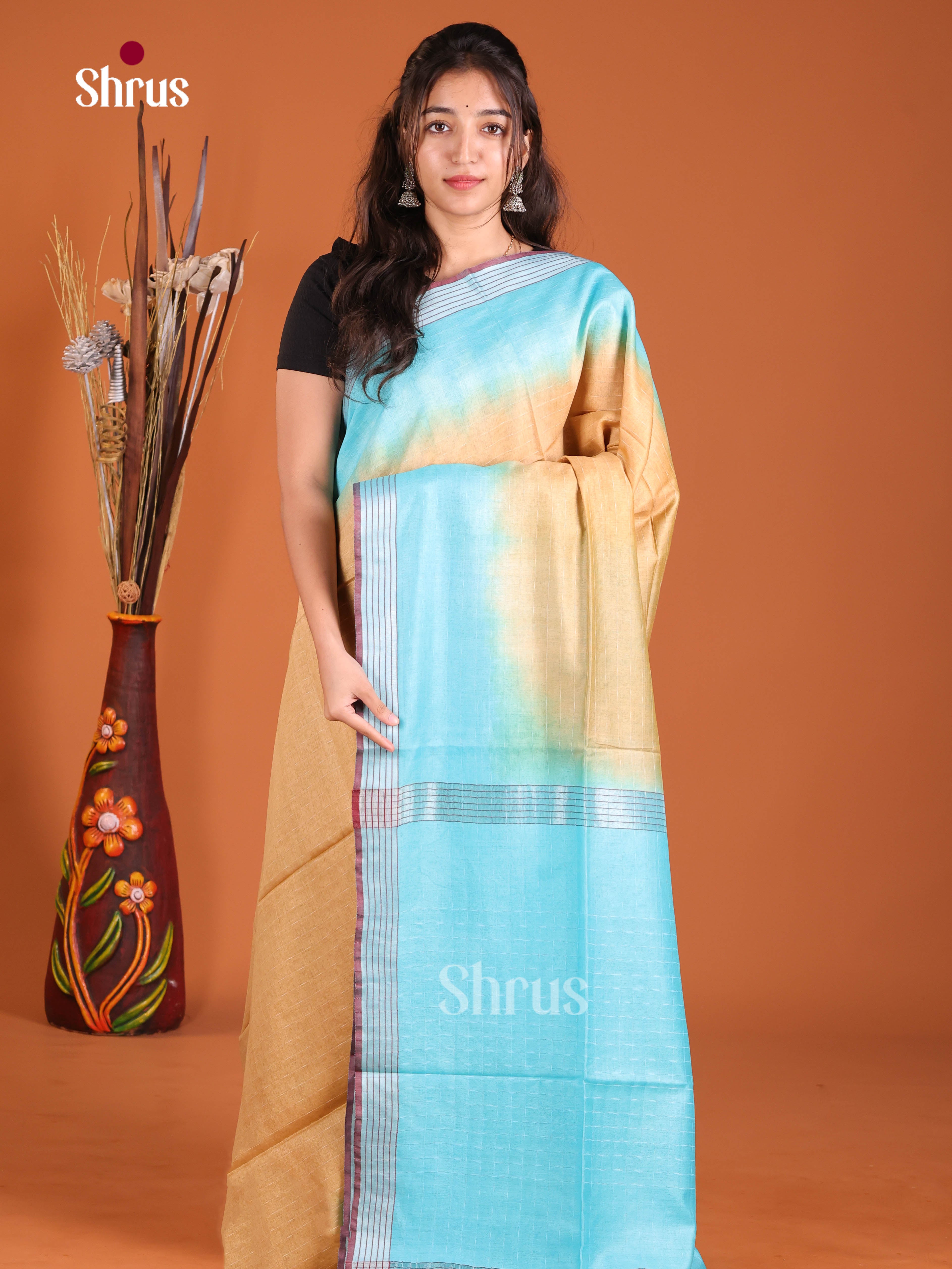 Sandal & Pastel Blue - Semi Tussar Saree