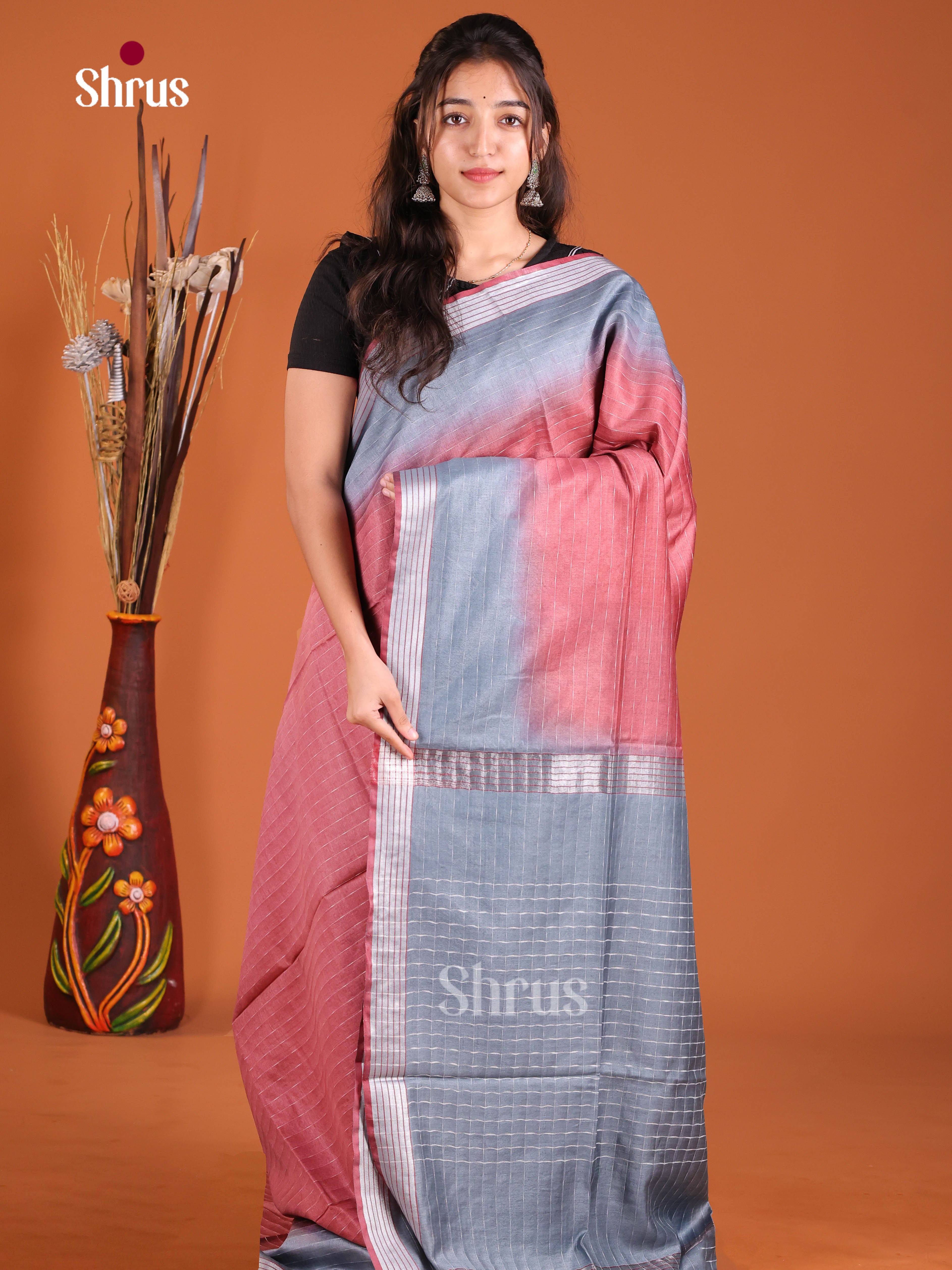 Onion pink & Grey - Semi Tussar Saree