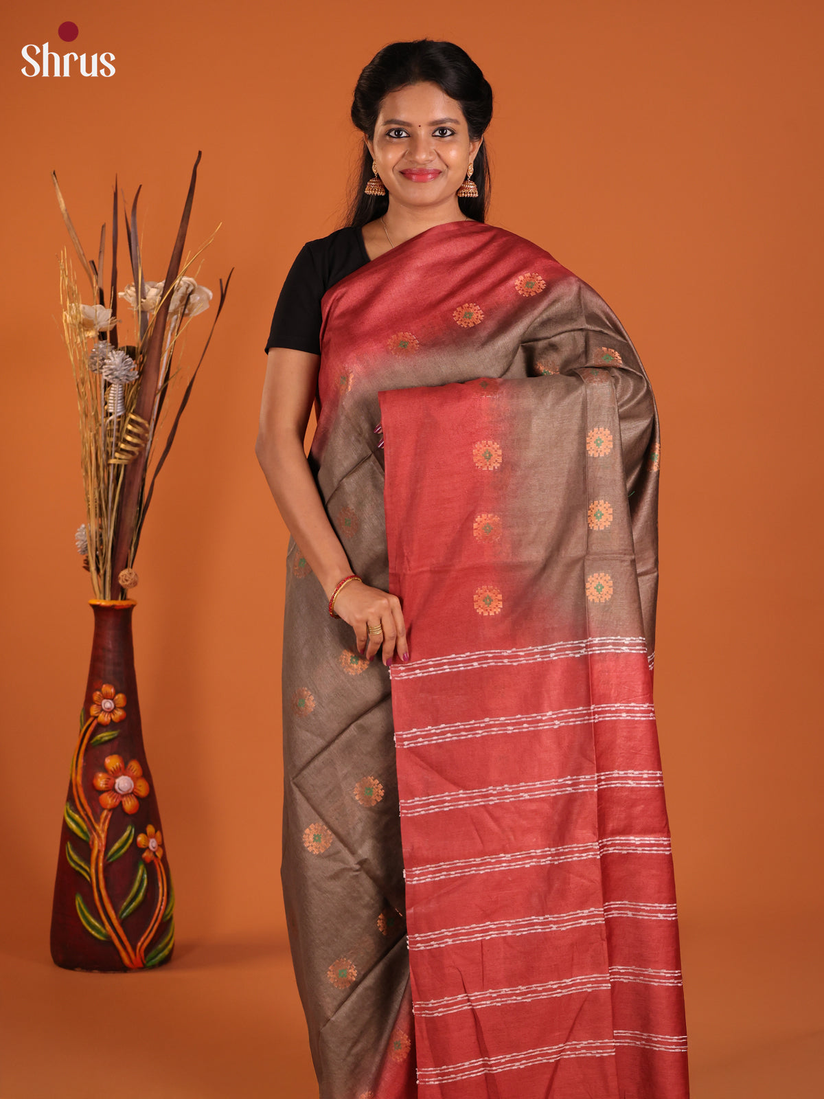 Elephant Grey & Maroon - Semi Tussar Saree