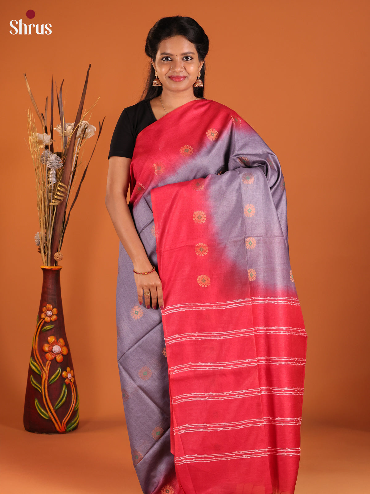Grey & Red - Semi Tussar Saree