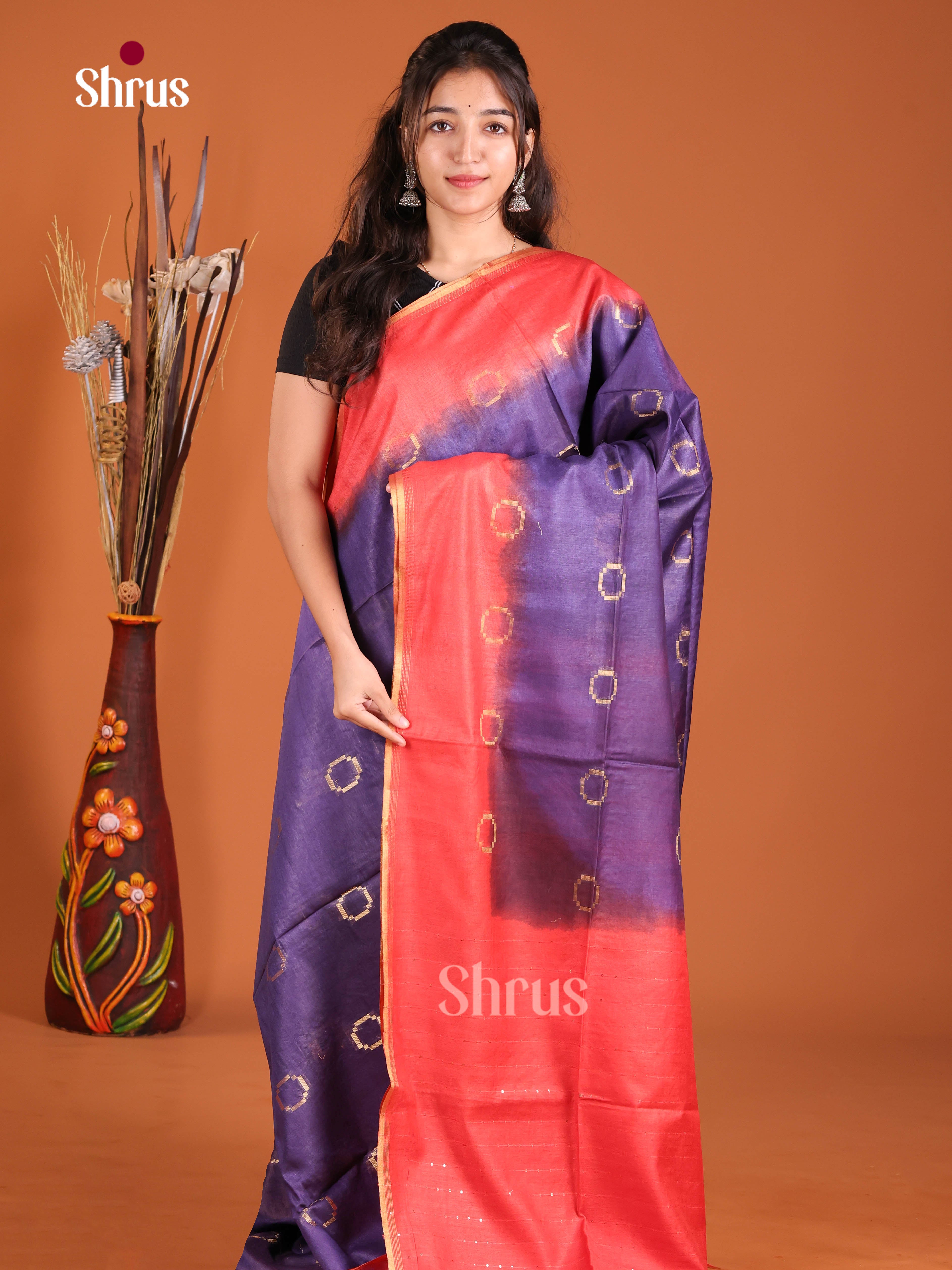 Blue &  Orangish Pink- Semi Tussar Saree