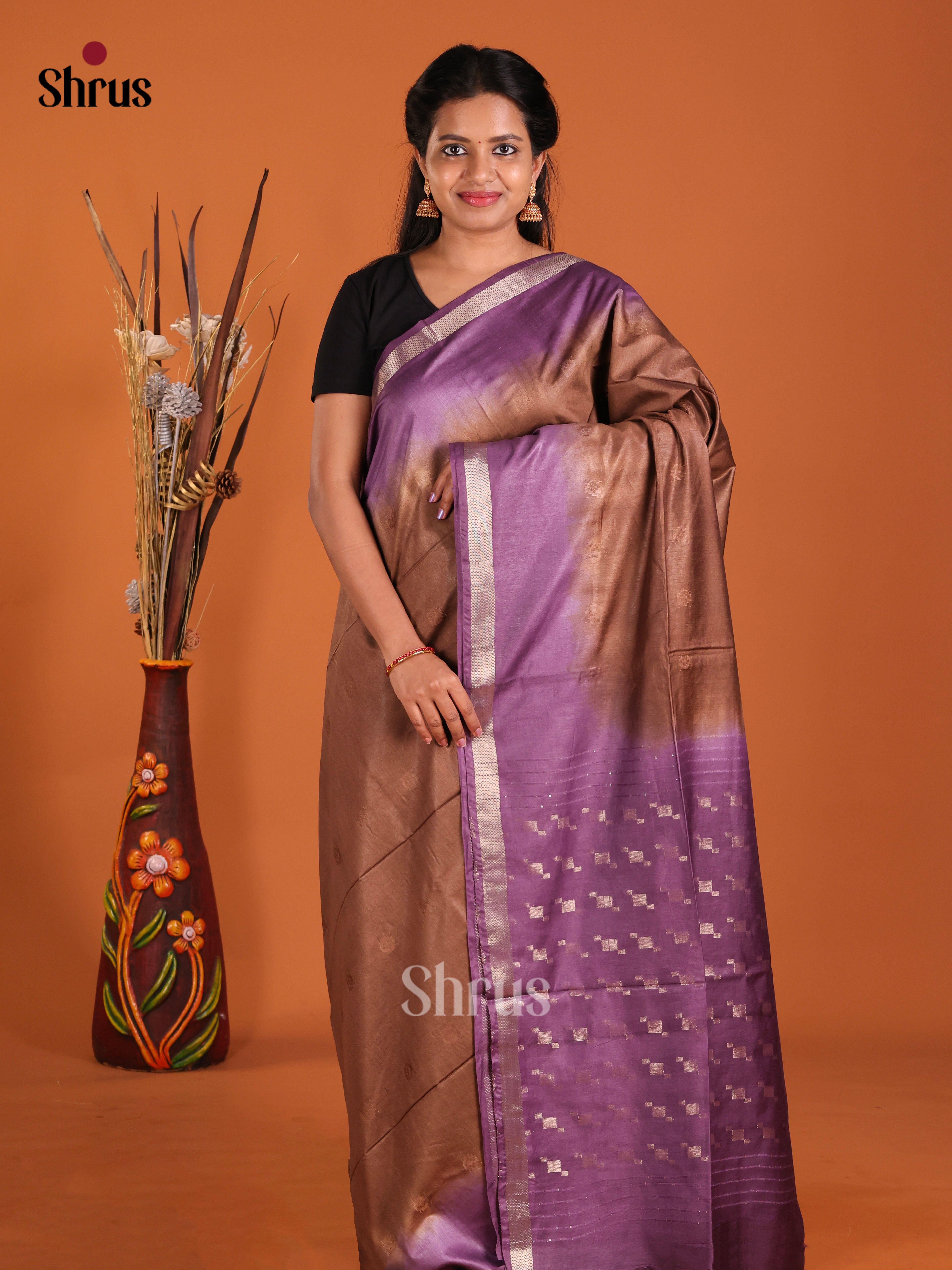 Brown & Purple - Semi Tussar Saree