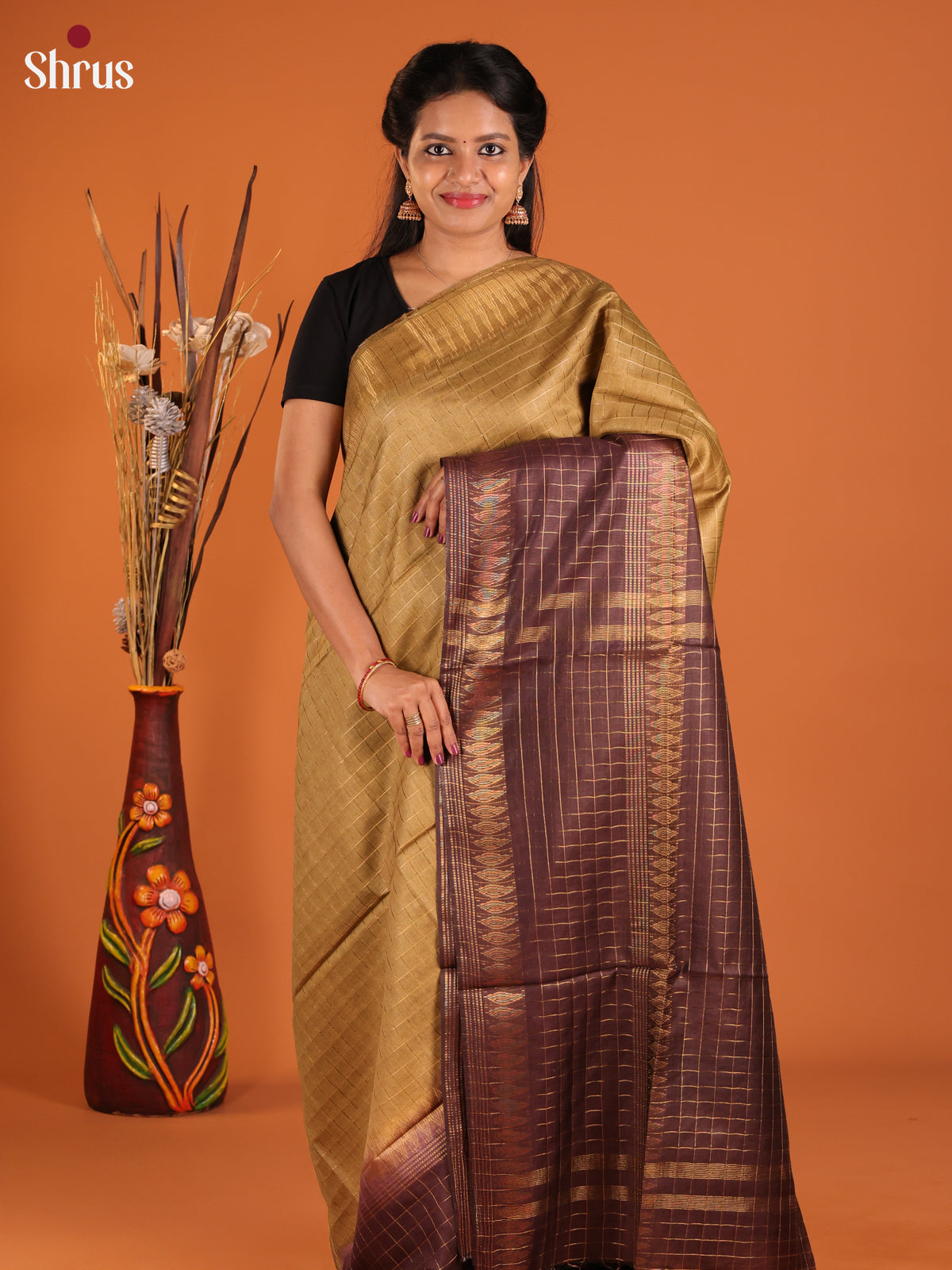 Beige & Brown - Semi Tussar Saree