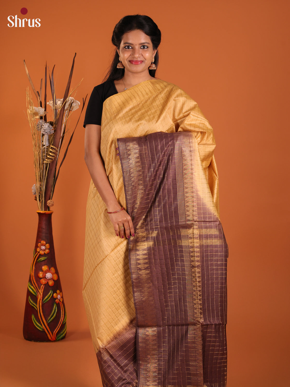 Beige & Brown - Semi Tussar Saree