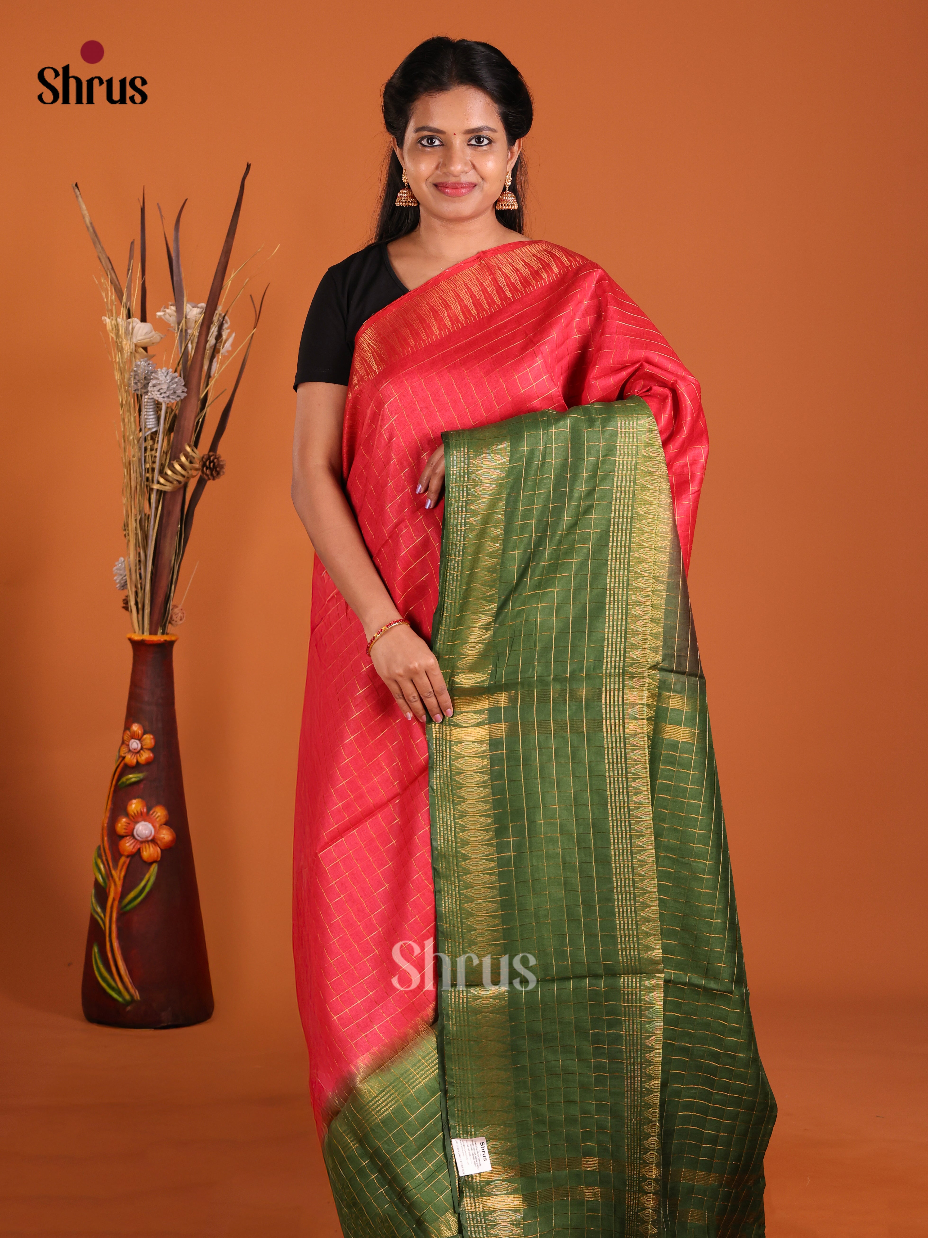 Red & Green - Semi Tussar Saree