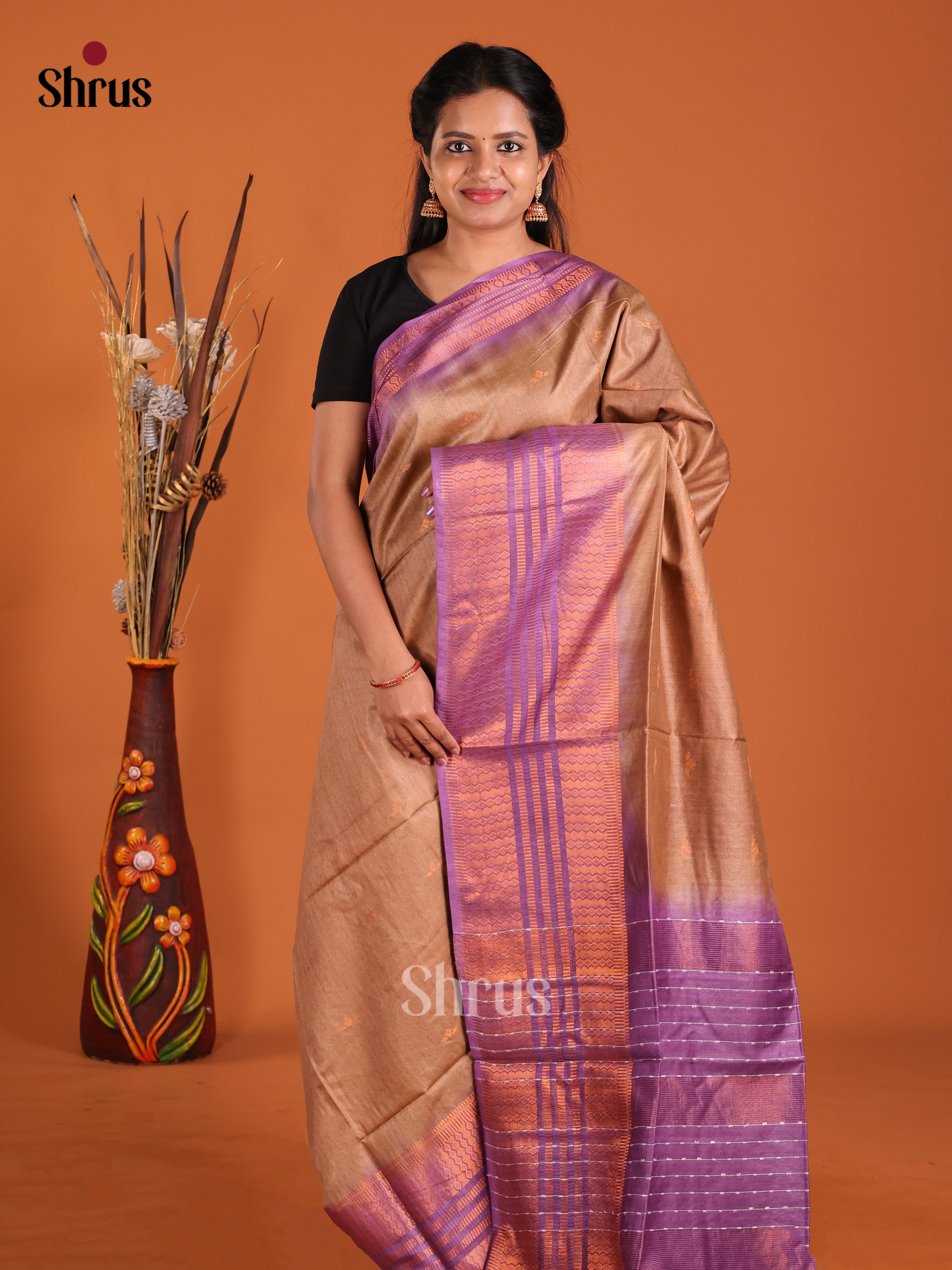 Brown & Purple - Semi Tussar Saree