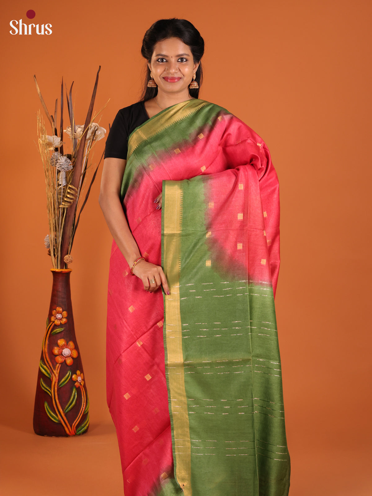 Red & Green - Semi Tussar Saree