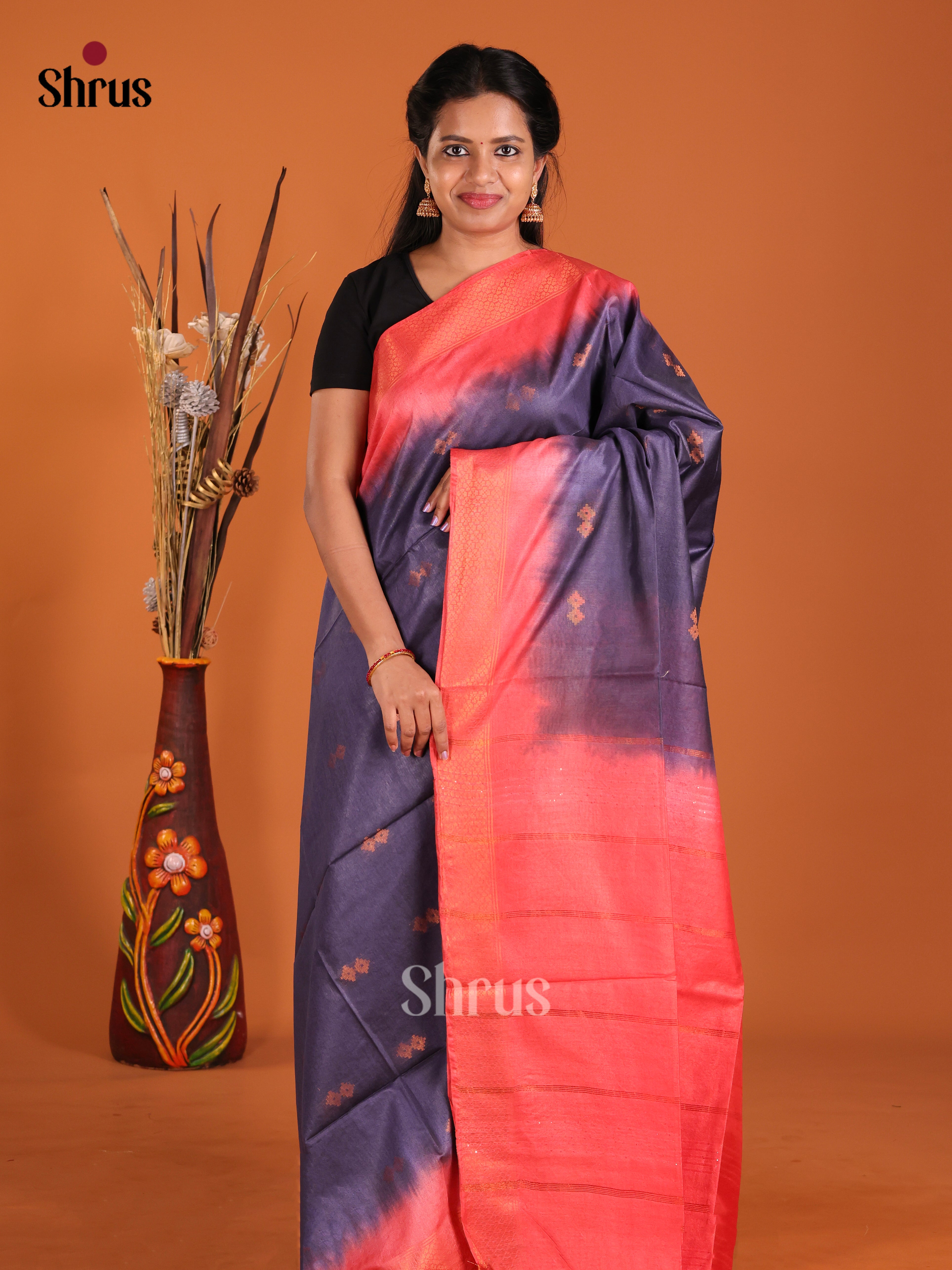 Blue & Orangish Pink - Semi Tussar Saree