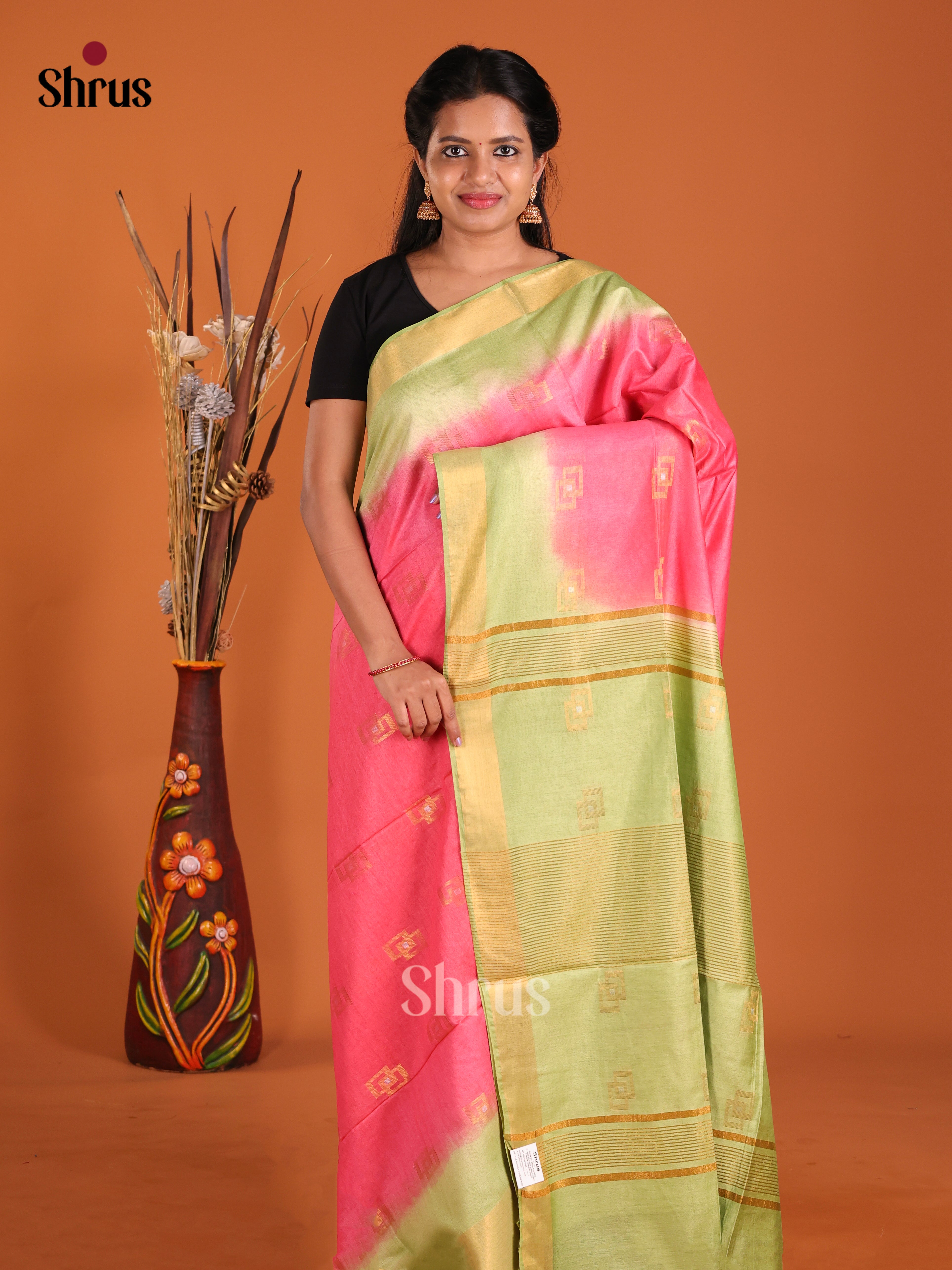 Pink & Green- Semi Tussar Saree