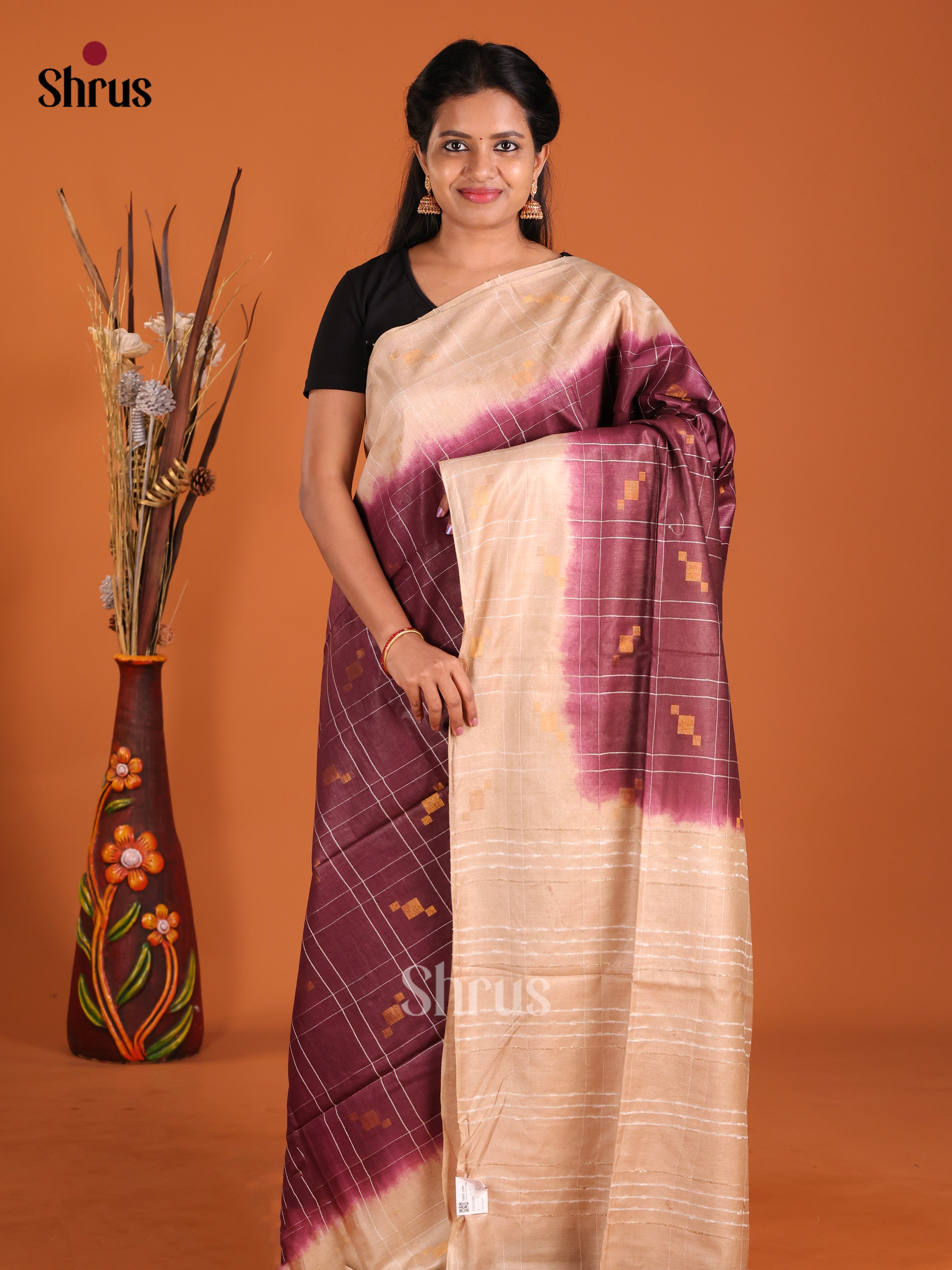 Maroon & Cream - Semi Tussar Saree