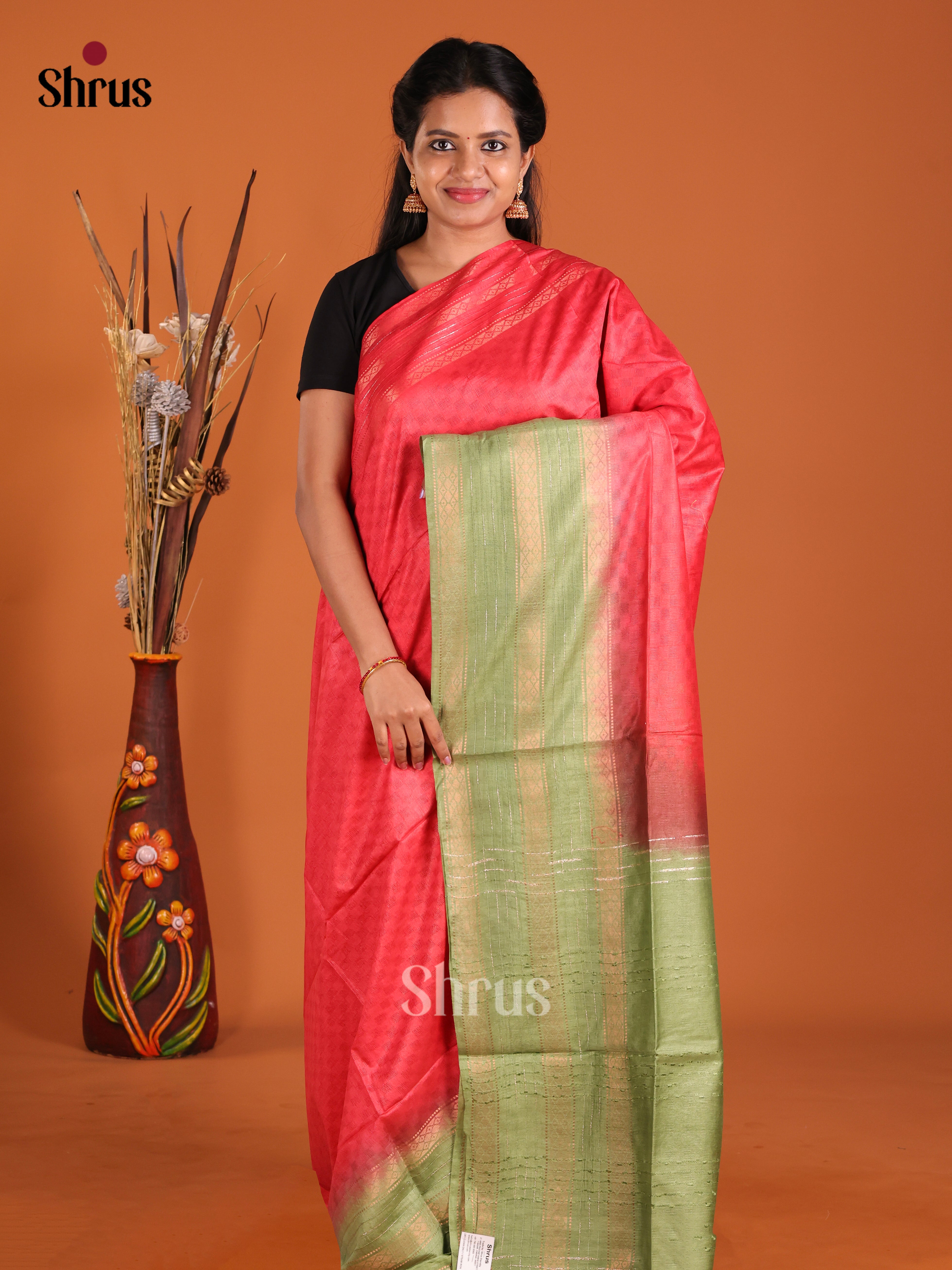 Reddish Pink & Green- Semi Tussar Saree
