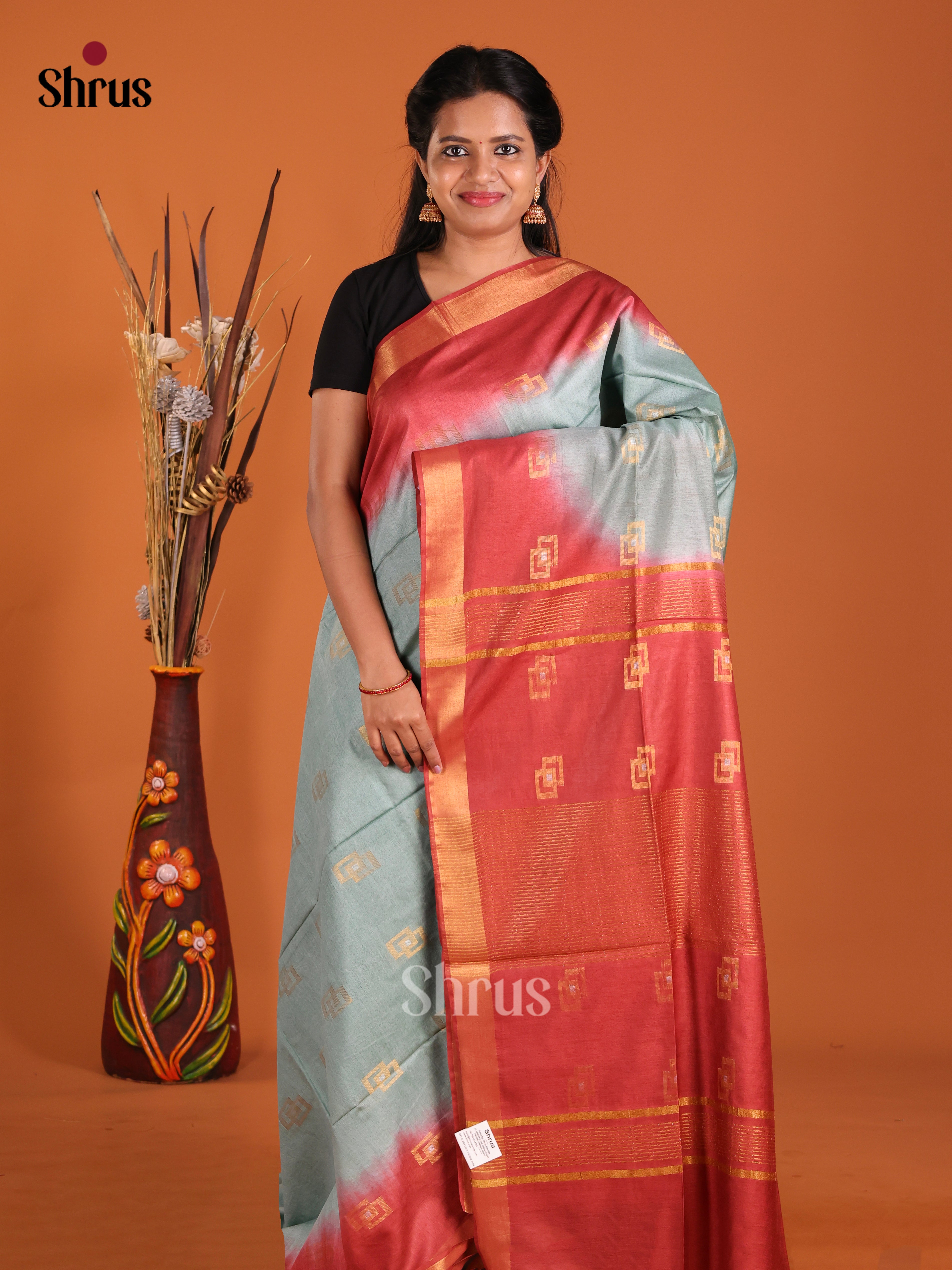 Grey & Red - Semi Tussar Saree