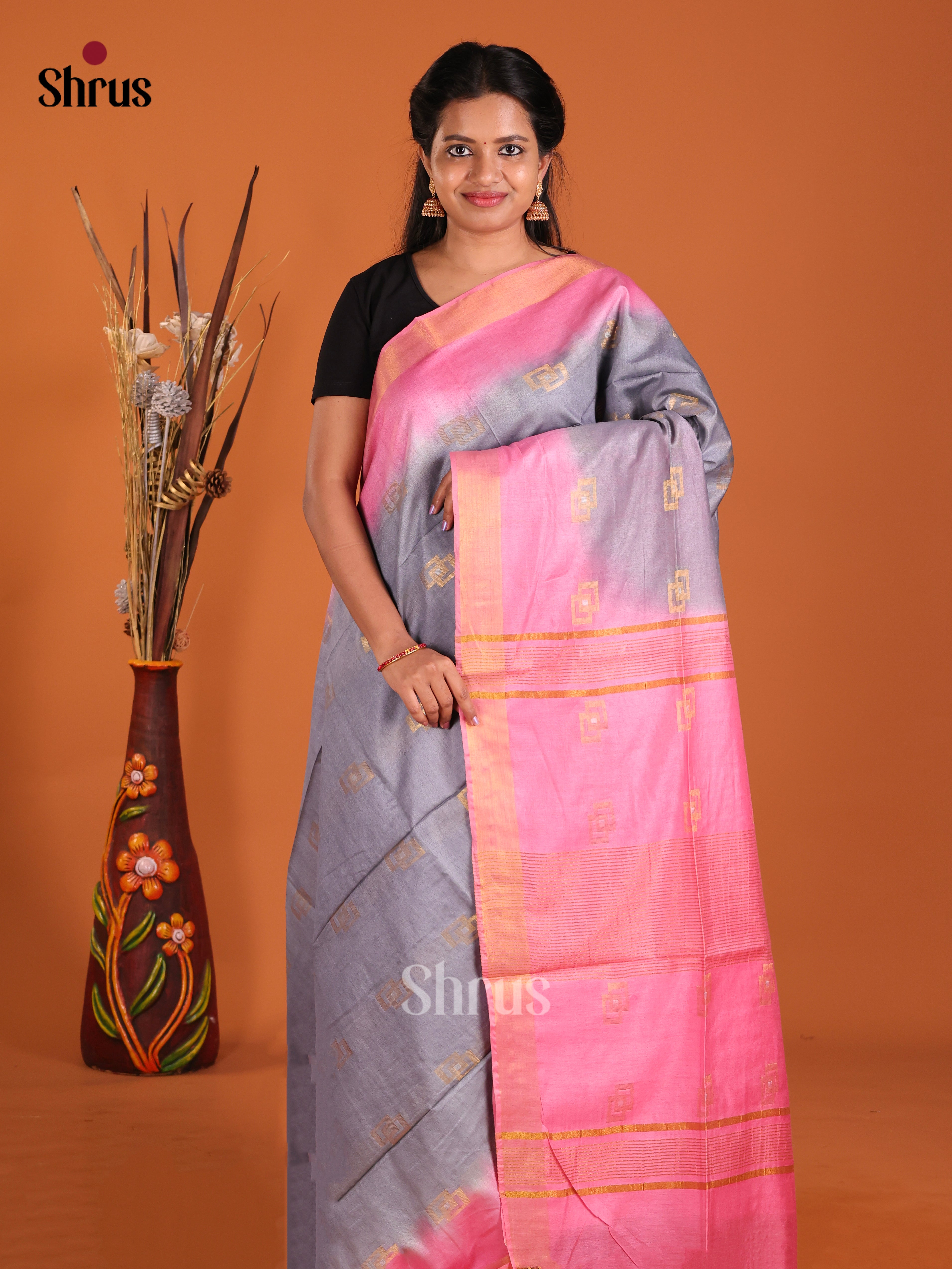Grey & Pink- Semi Tussar Saree