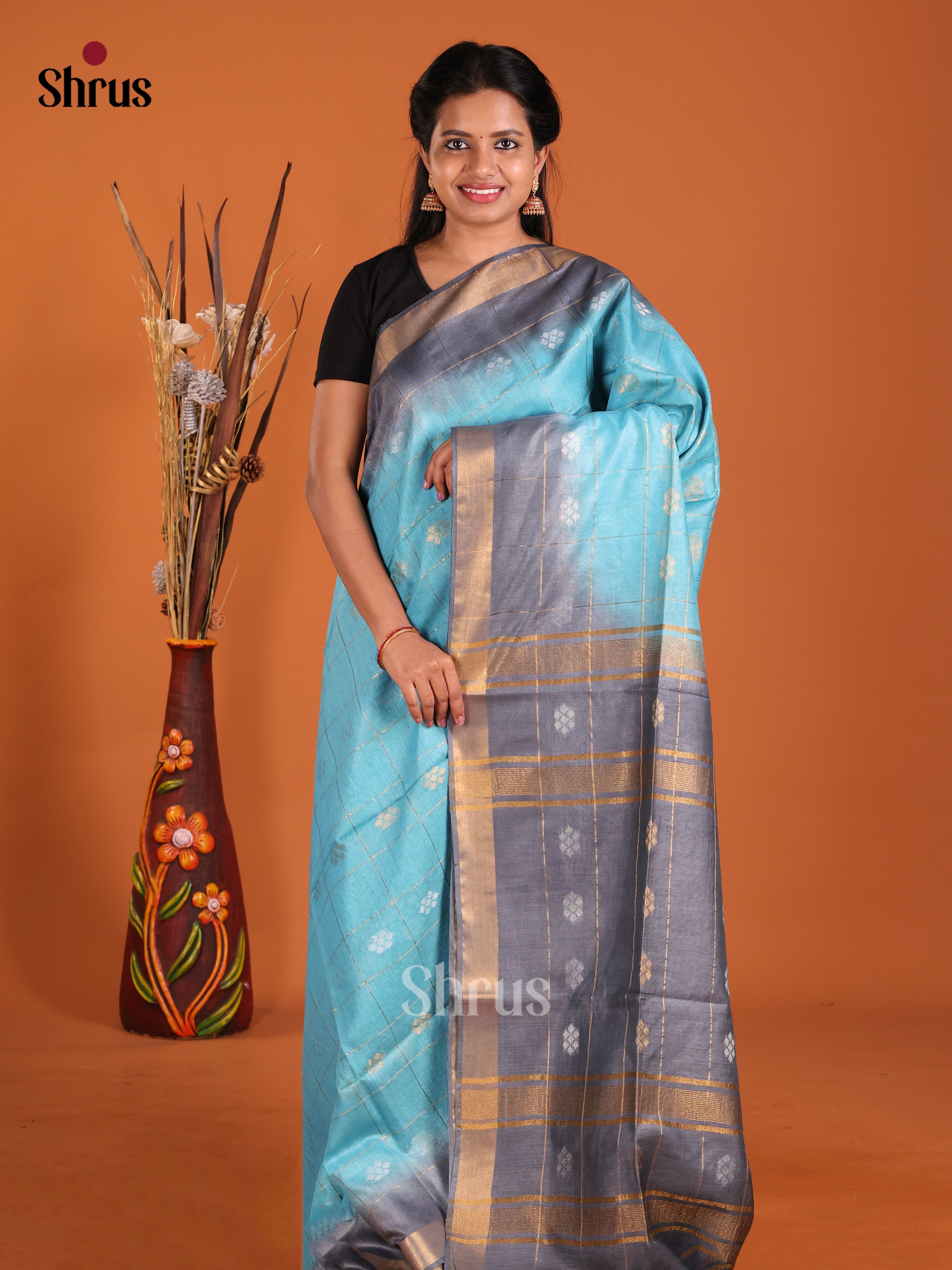 Pastel Blue & Grey - Semi Tussar Saree