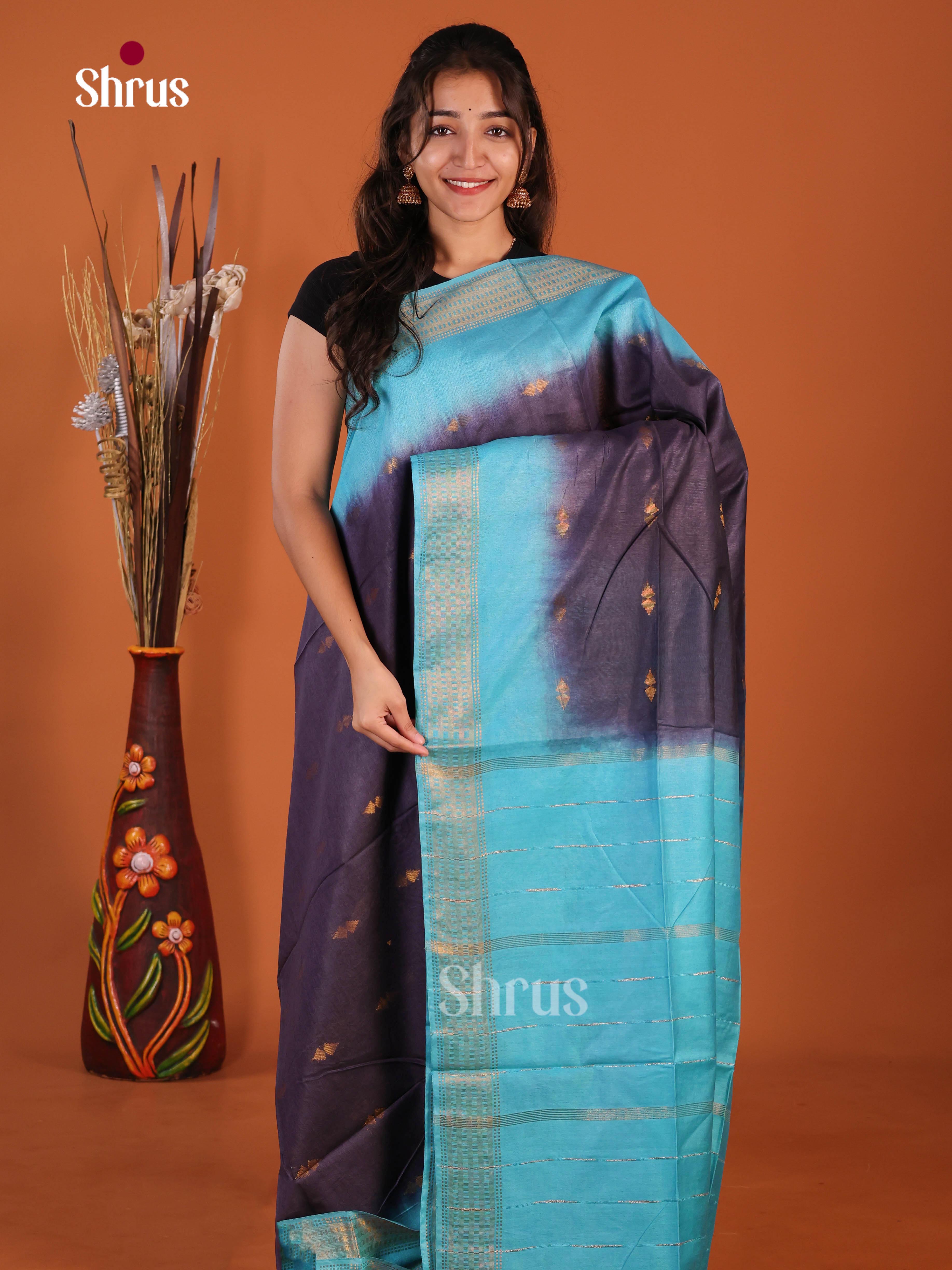 Navy Blue & Blue - Semi Tussar Saree
