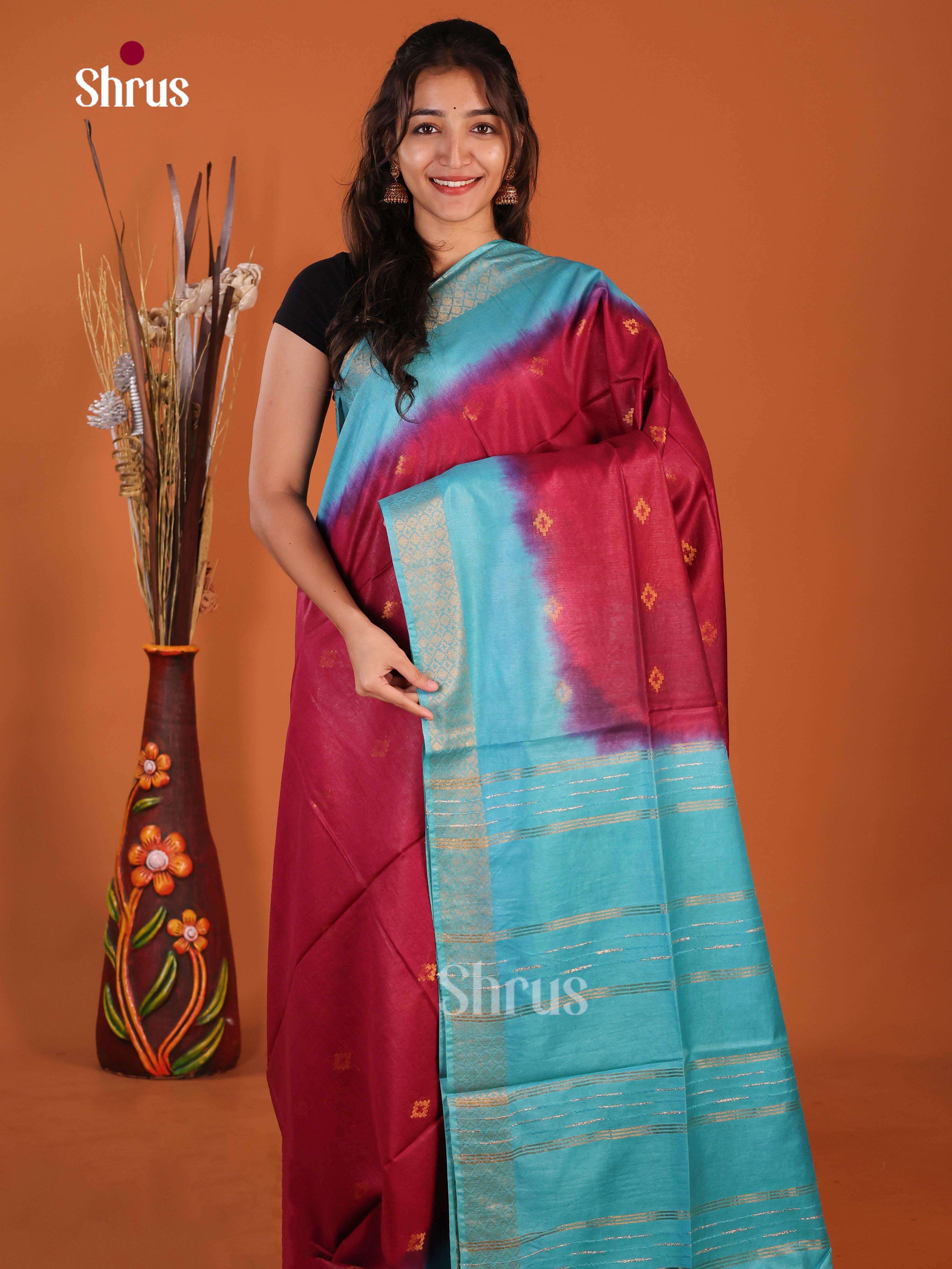 Maroon & Blue - Semi Tussar Saree