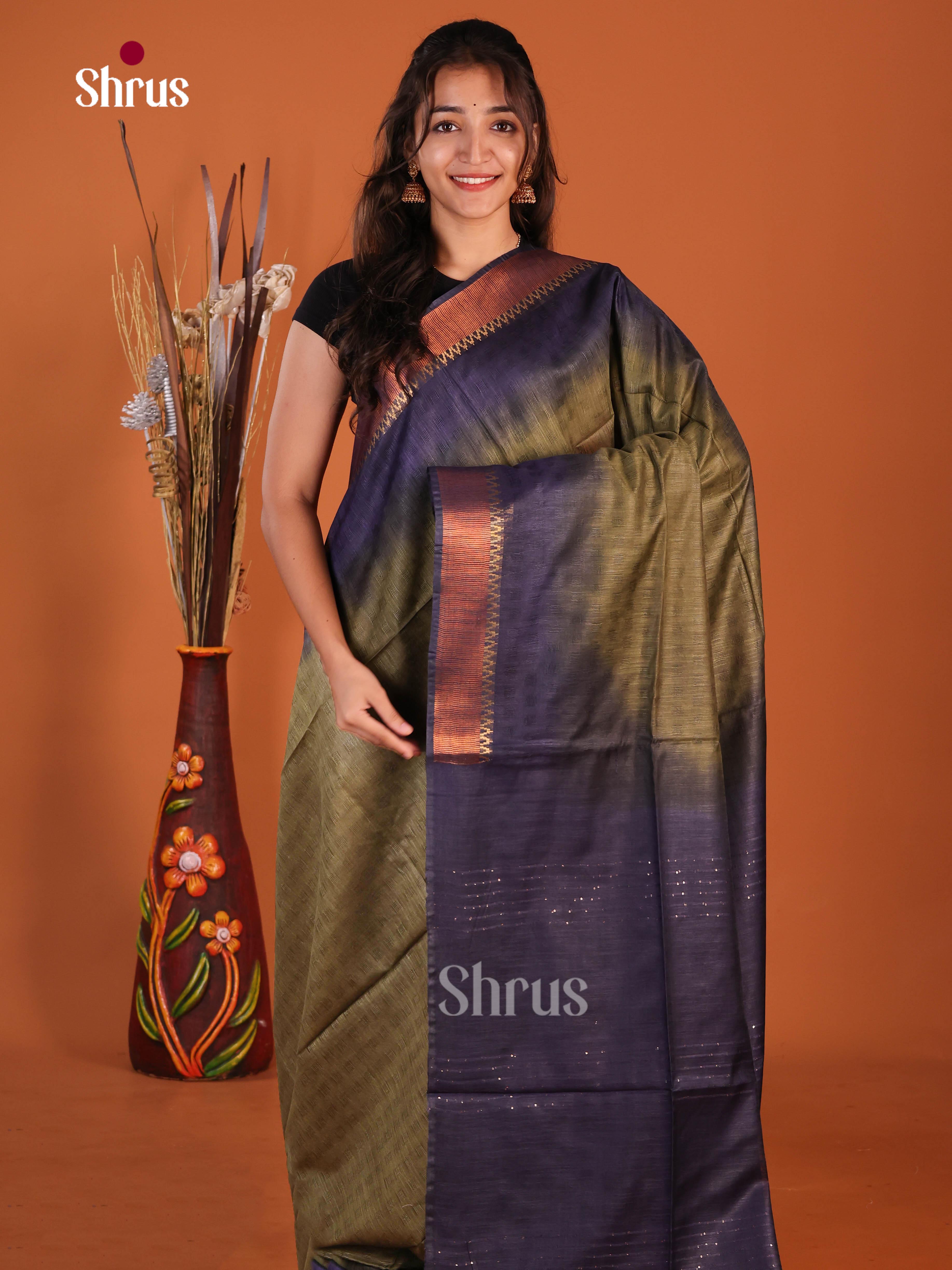 Army Green & Blue - Semi Tussar Saree