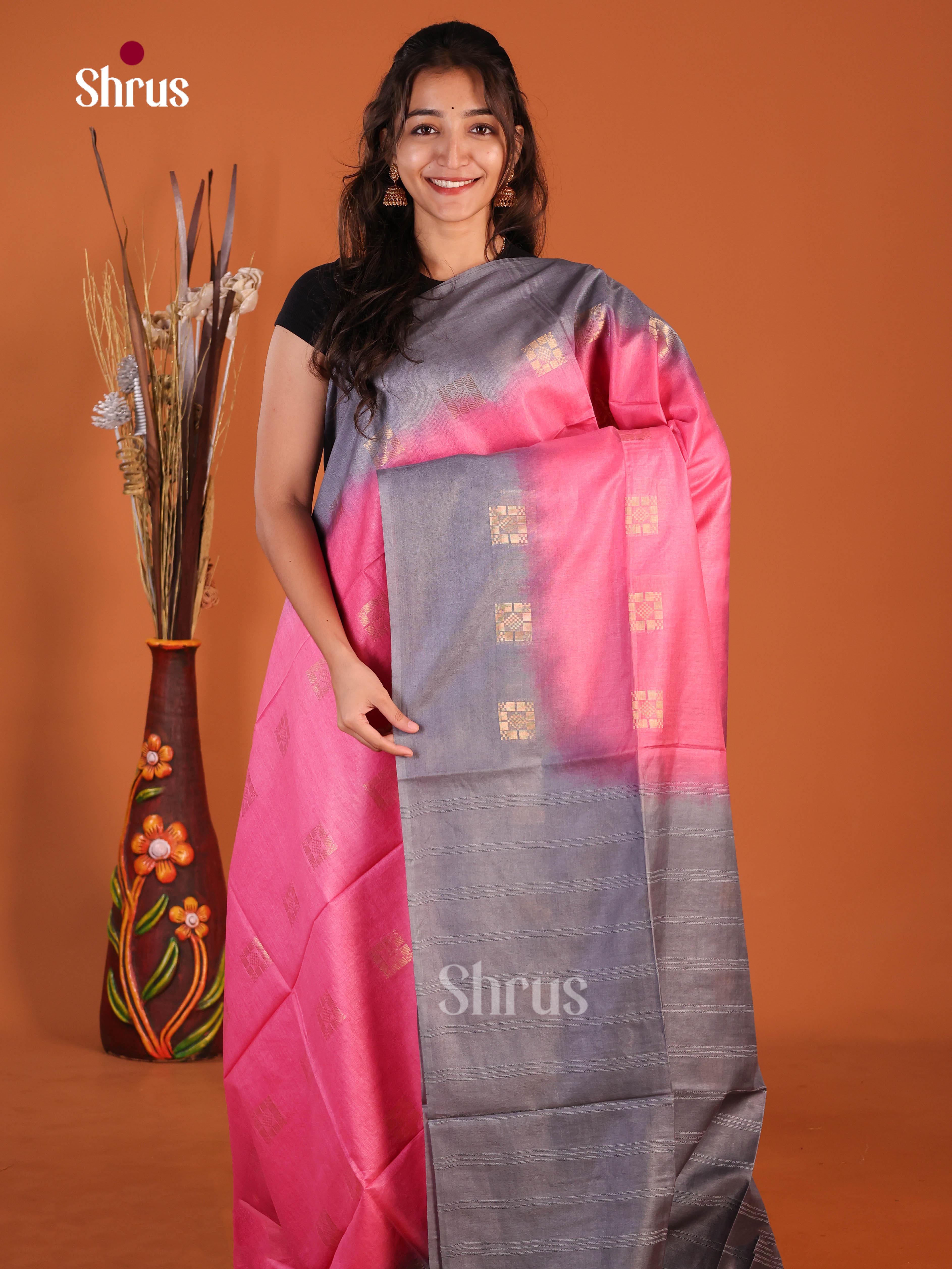 Pink & Grey - Semi Tussar Saree