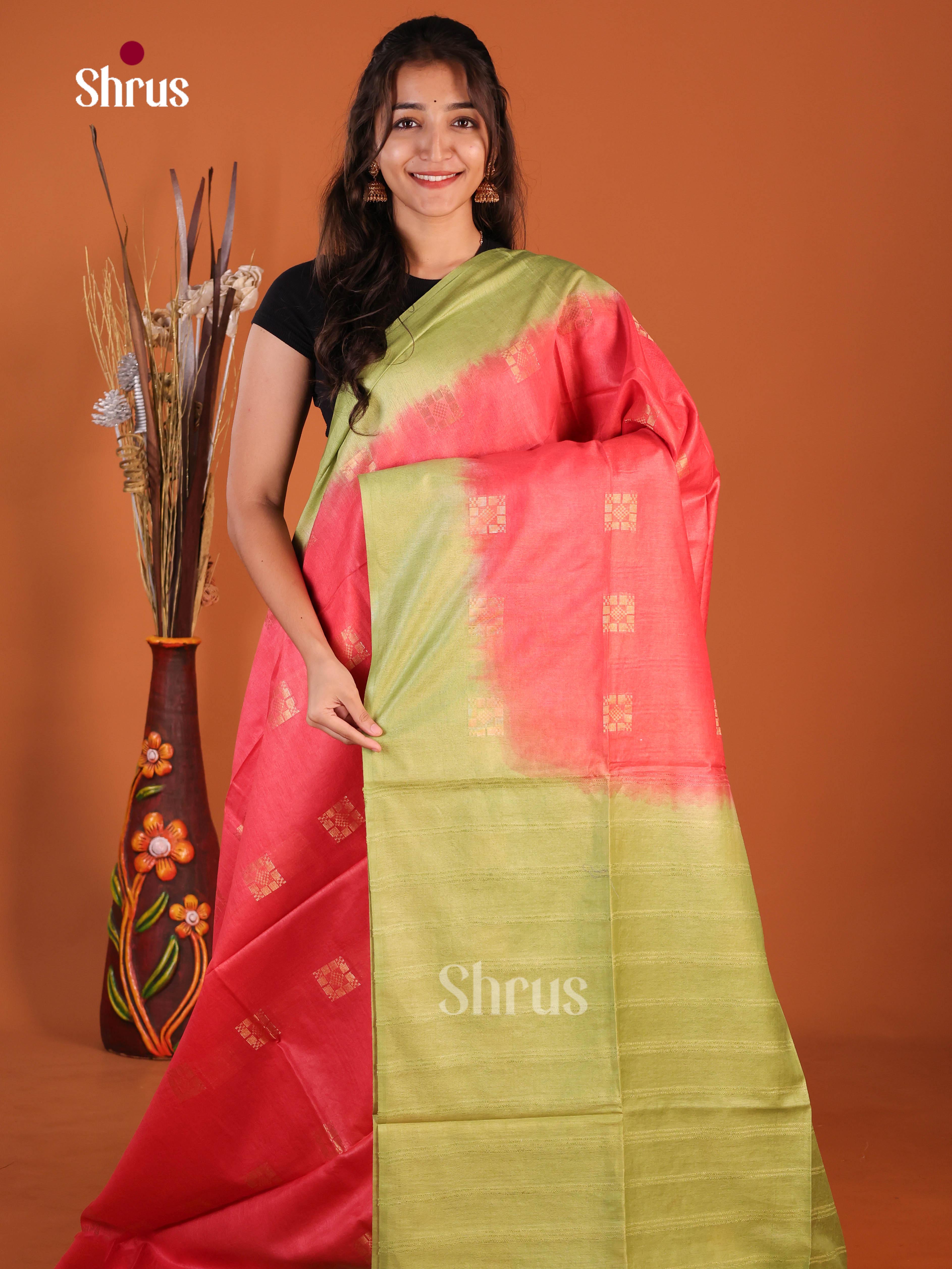 Peachish Pink & Green - Semi Tussar Saree