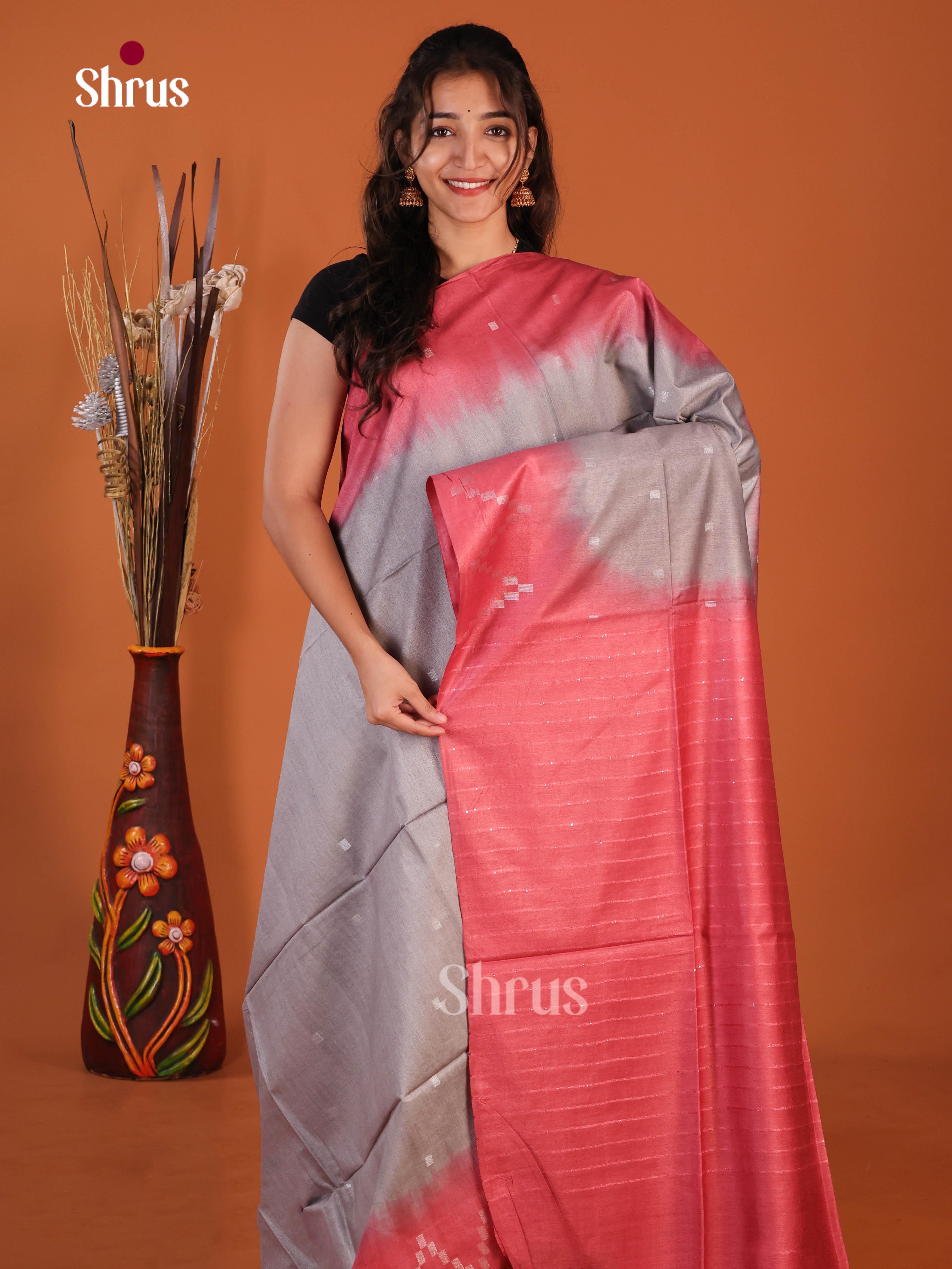Grey & Red - Semi Tussar Saree