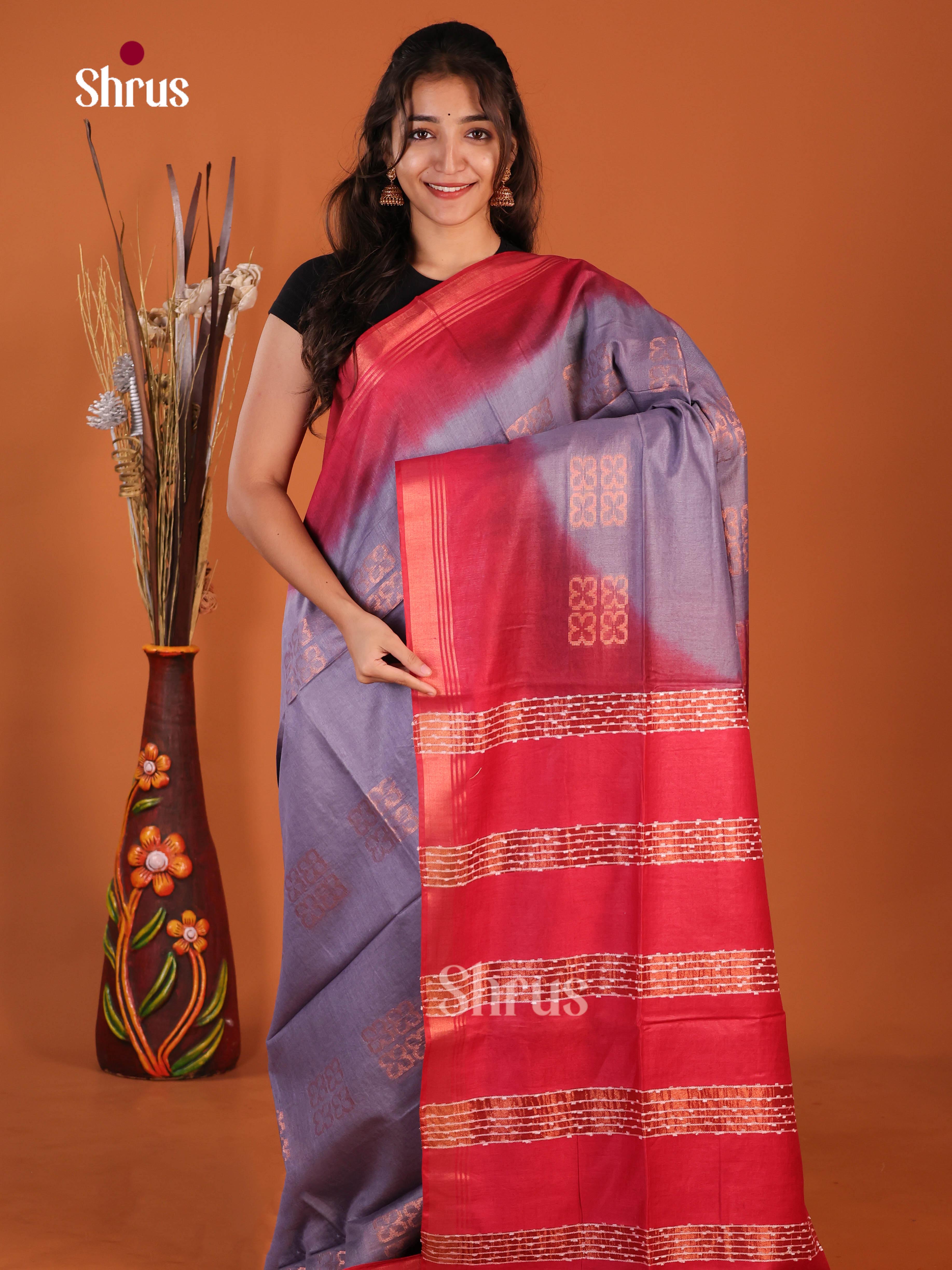 Purple & Red- Semi Tussar Saree